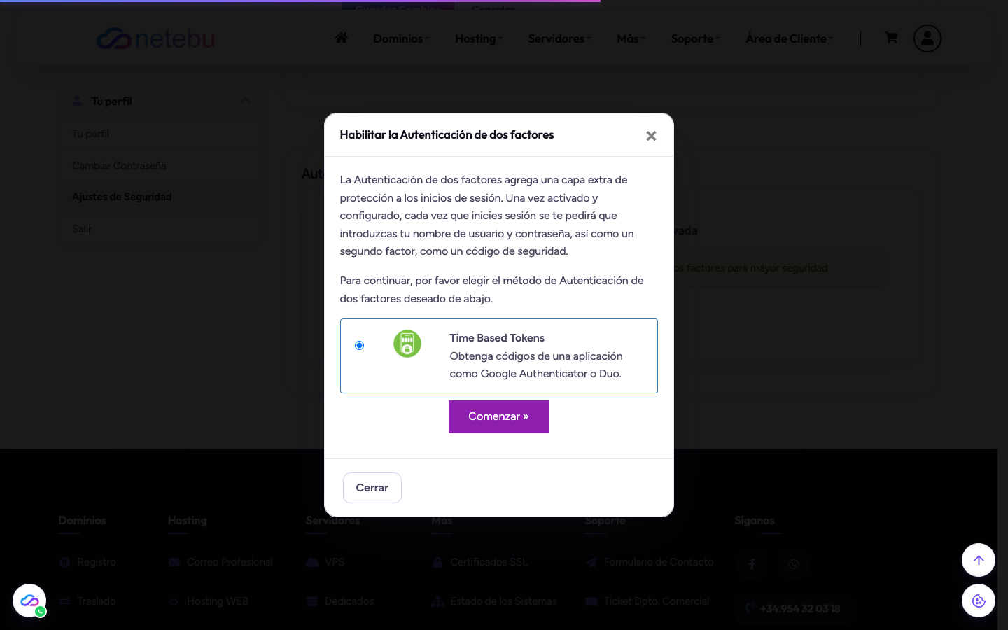 Ventana Habilitar la Autenticación de dos factores con la explicación, el método Time Based Tokens marcado y el botón Comenzar