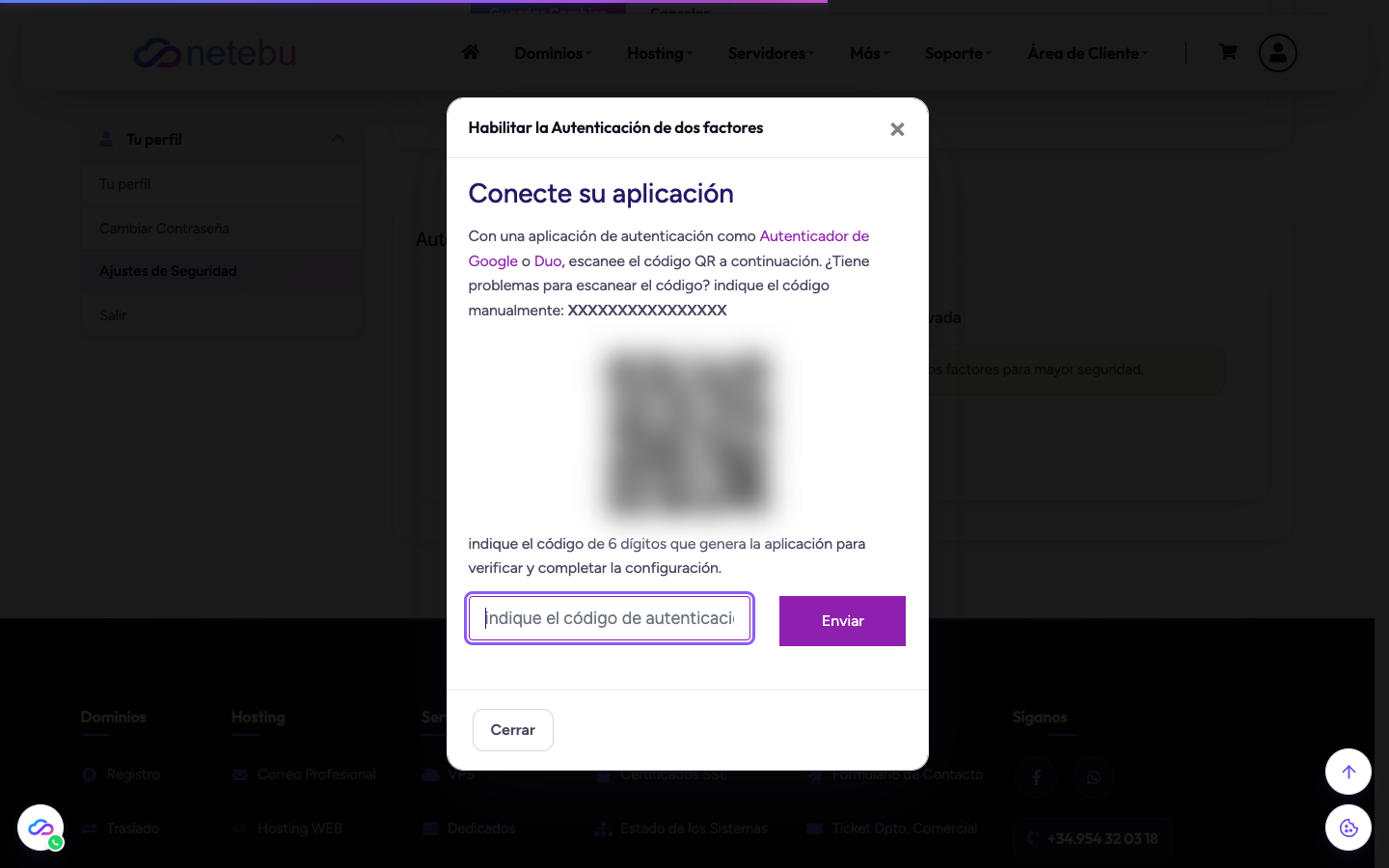 Pantalla Conecte su aplicación con el código QR, la clave manual y el campo para el código de seis dígitos