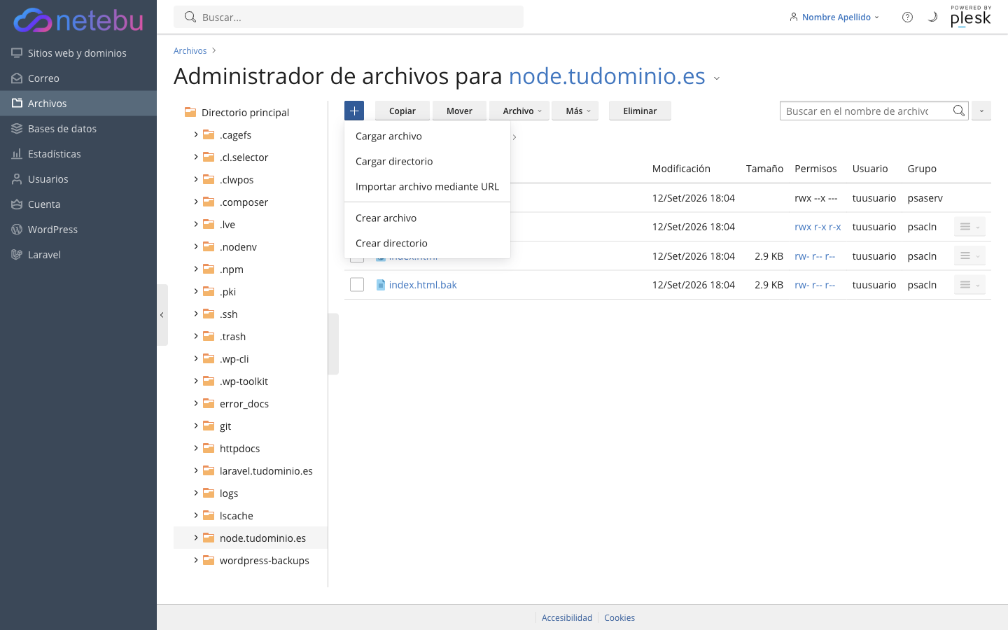 Administrador de archivos de node.tudominio.es con el menú desplegado: Cargar archivo, Cargar directorio, Importar archivo mediante URL, Crear archivo y Crear directorio