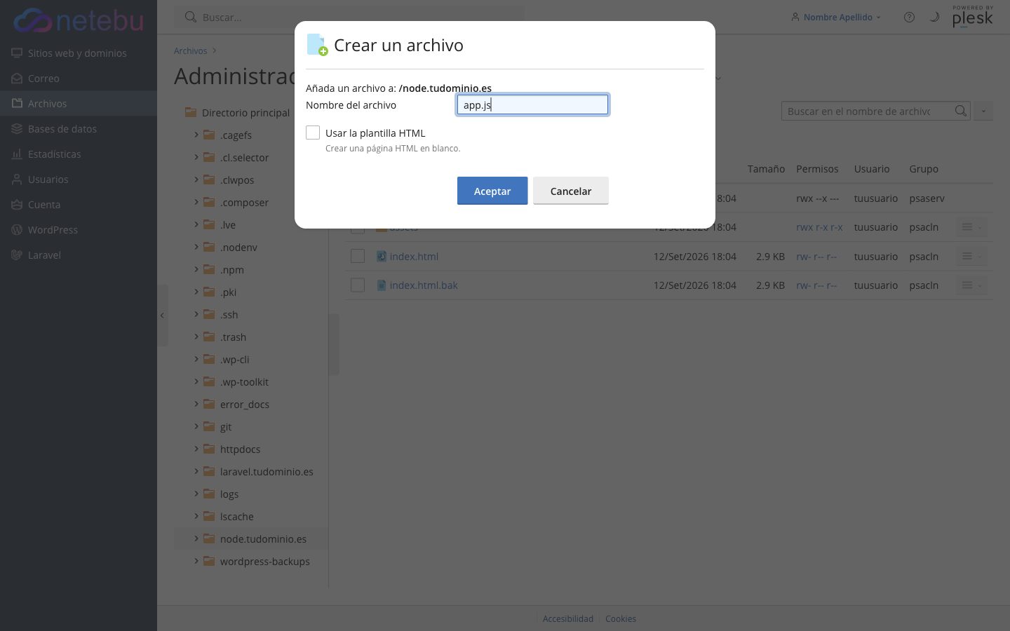Diálogo Crear un archivo con el nombre app.js escrito, sin marcar la plantilla HTML
