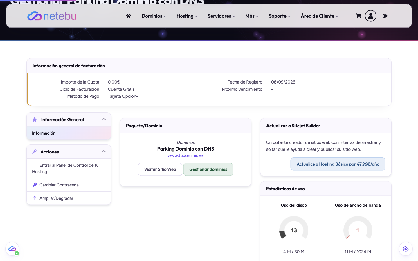 Ficha de un servicio de hosting con el bloque Acciones, donde aparece Ampliar/Degradar junto a Entrar al Panel de Control de tu Hosting y Cambiar Contraseña