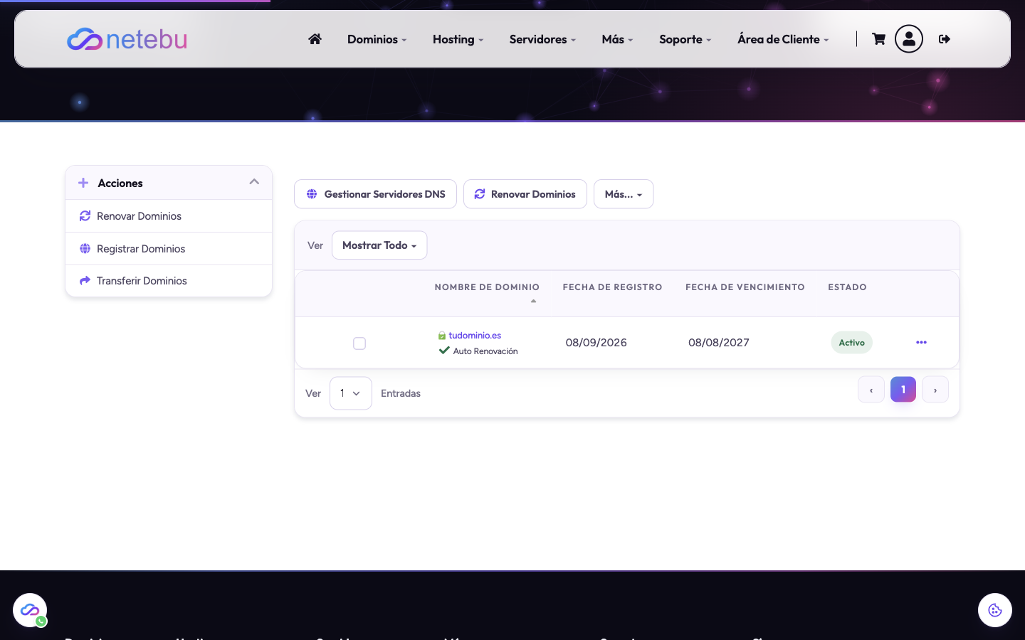Pantalla Mis Dominios del área de cliente, con los botones Gestionar Servidores DNS, Renovar Dominios y el bloque Acciones con Registrar Dominios y Transferir Dominios