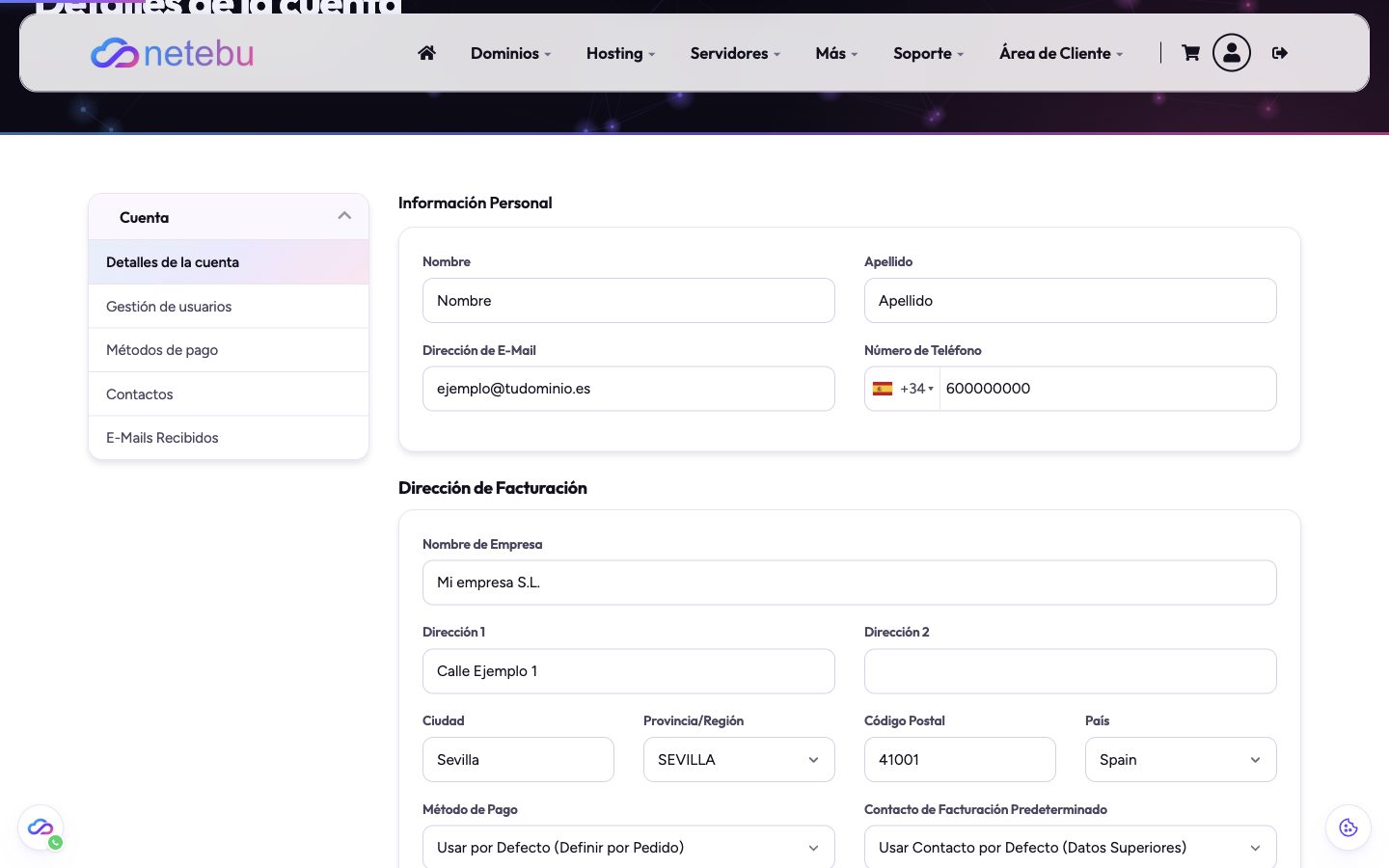 Pantalla Detalles de la cuenta, con Información Personal (Nombre, Apellido, Email, Teléfono) y Dirección de Facturación (Nombre de Empresa, Dirección, Ciudad, Provincia, Código Postal, País, Método de Pago)