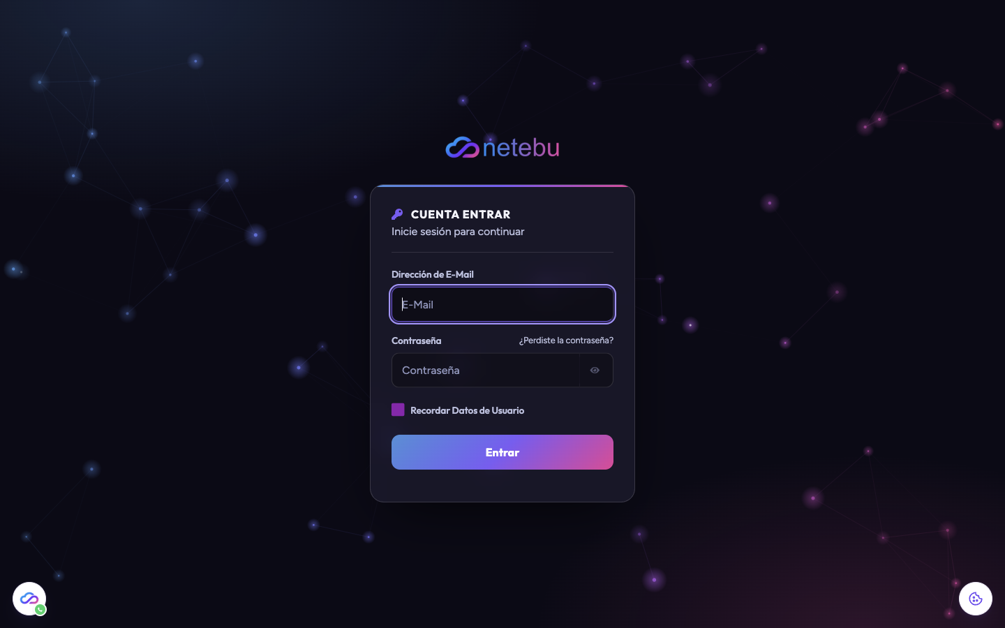 Formulario de acceso al área de cliente de netebu.com, con los campos Dirección de E-Mail y Contraseña, la casilla Recordar Datos de Usuario y el botón Entrar