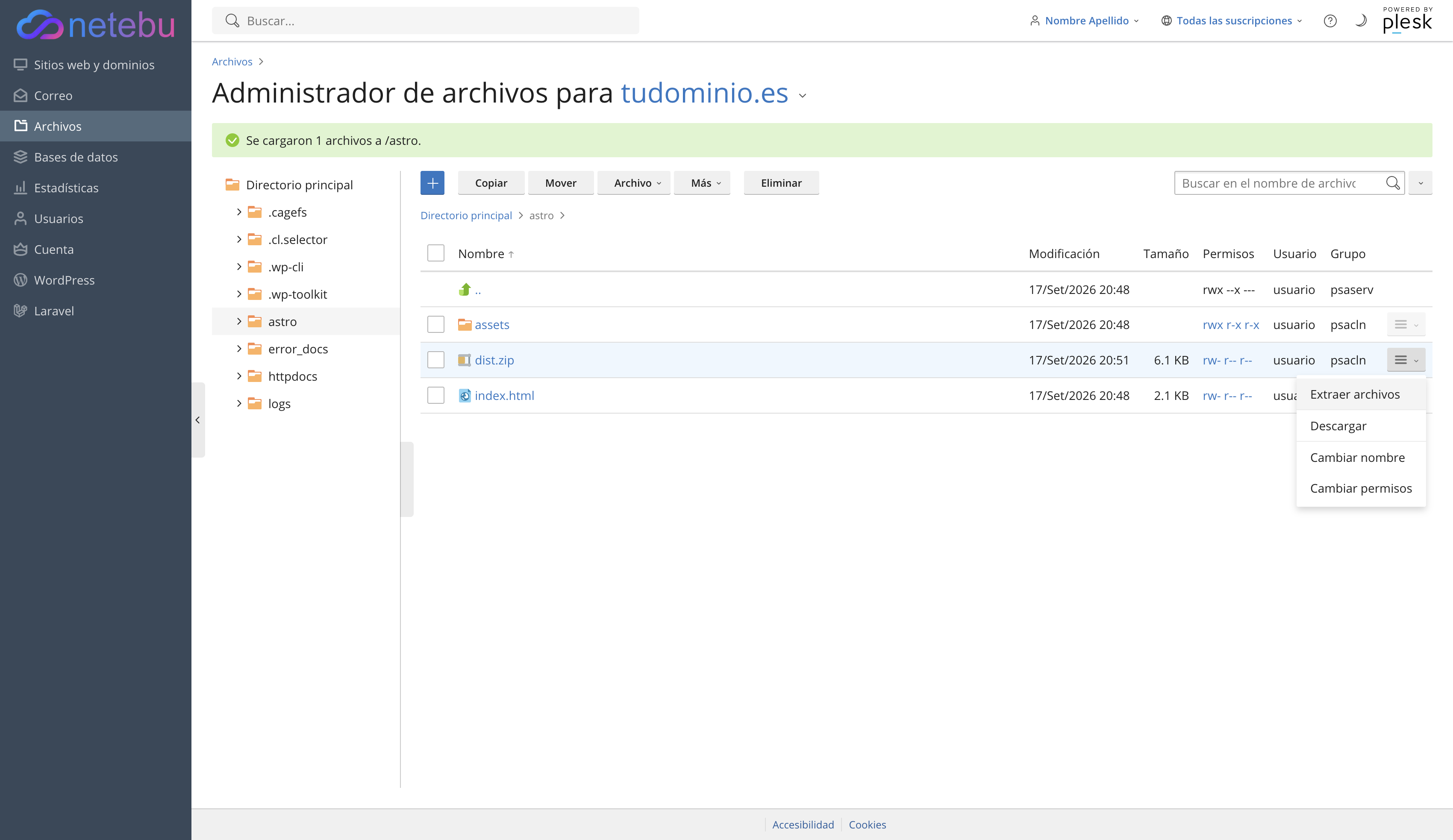 Menú de acciones de dist.zip con la opción Extraer archivos