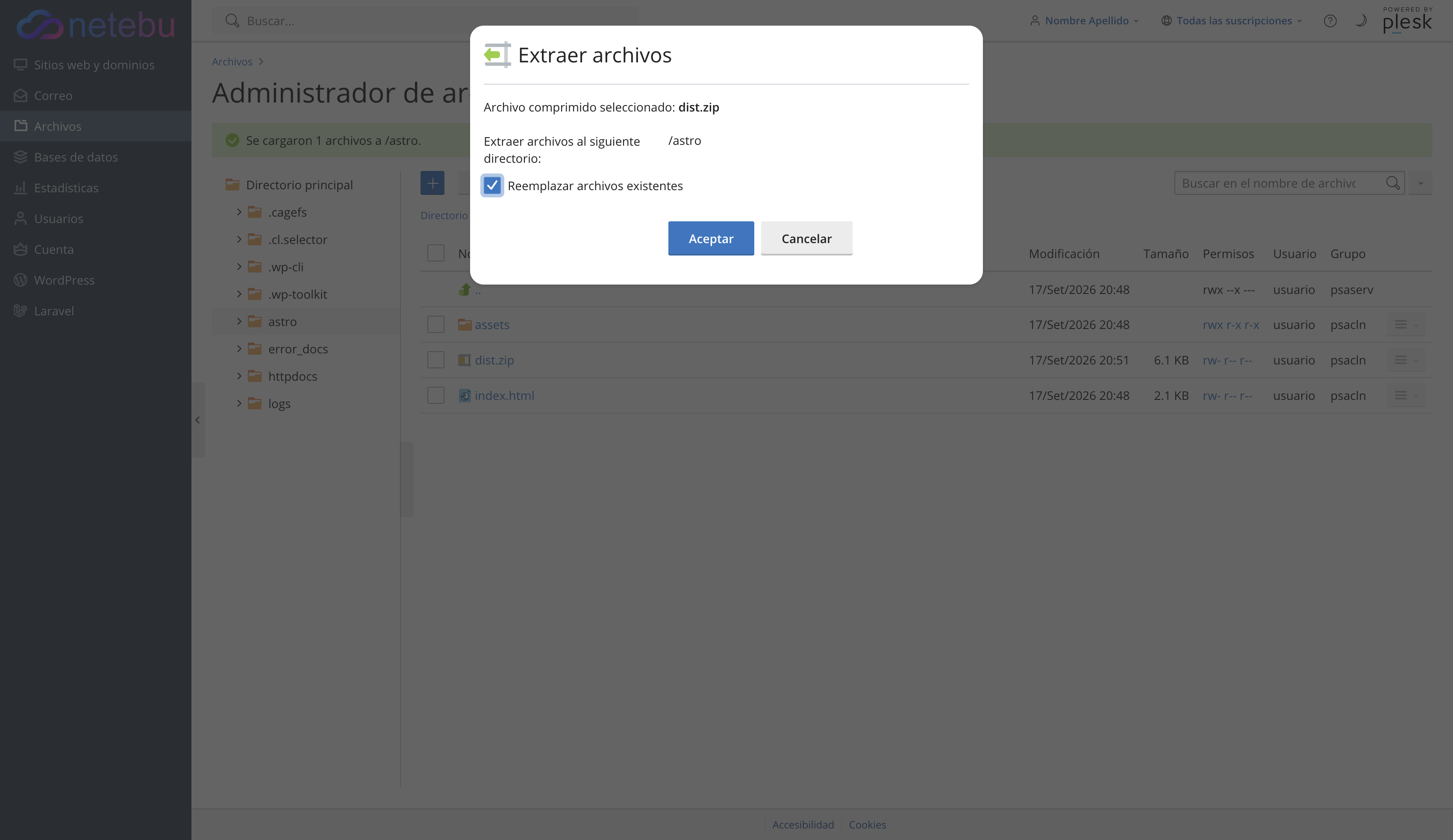 Diálogo Extraer archivos con la carpeta de destino y la casilla Reemplazar archivos existentes marcada