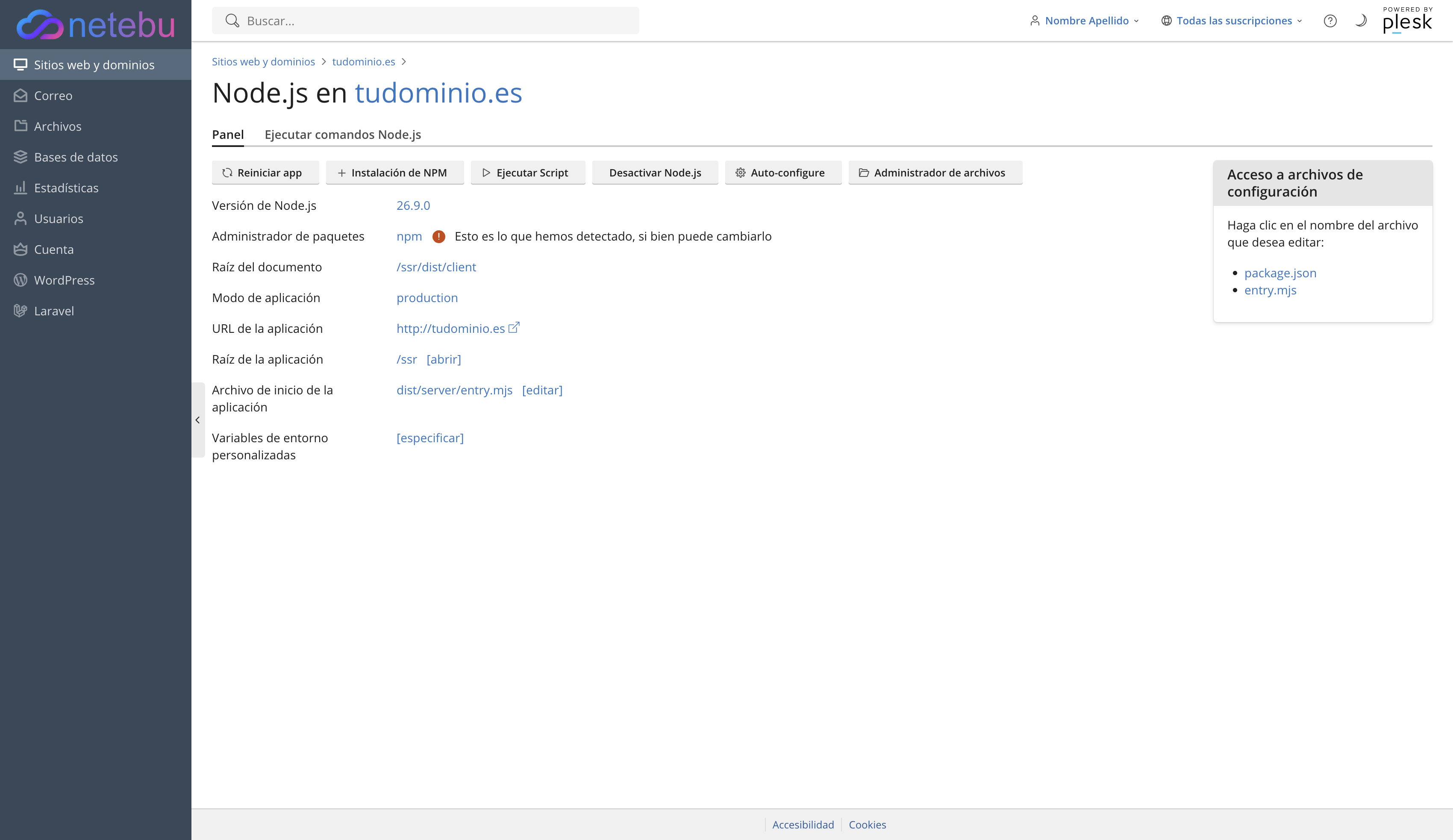 Panel Node.js con la versión 26, la raíz del documento en dist/client, la raíz de la aplicación en la carpeta del subdominio y el archivo de inicio dist/server/entry.mjs