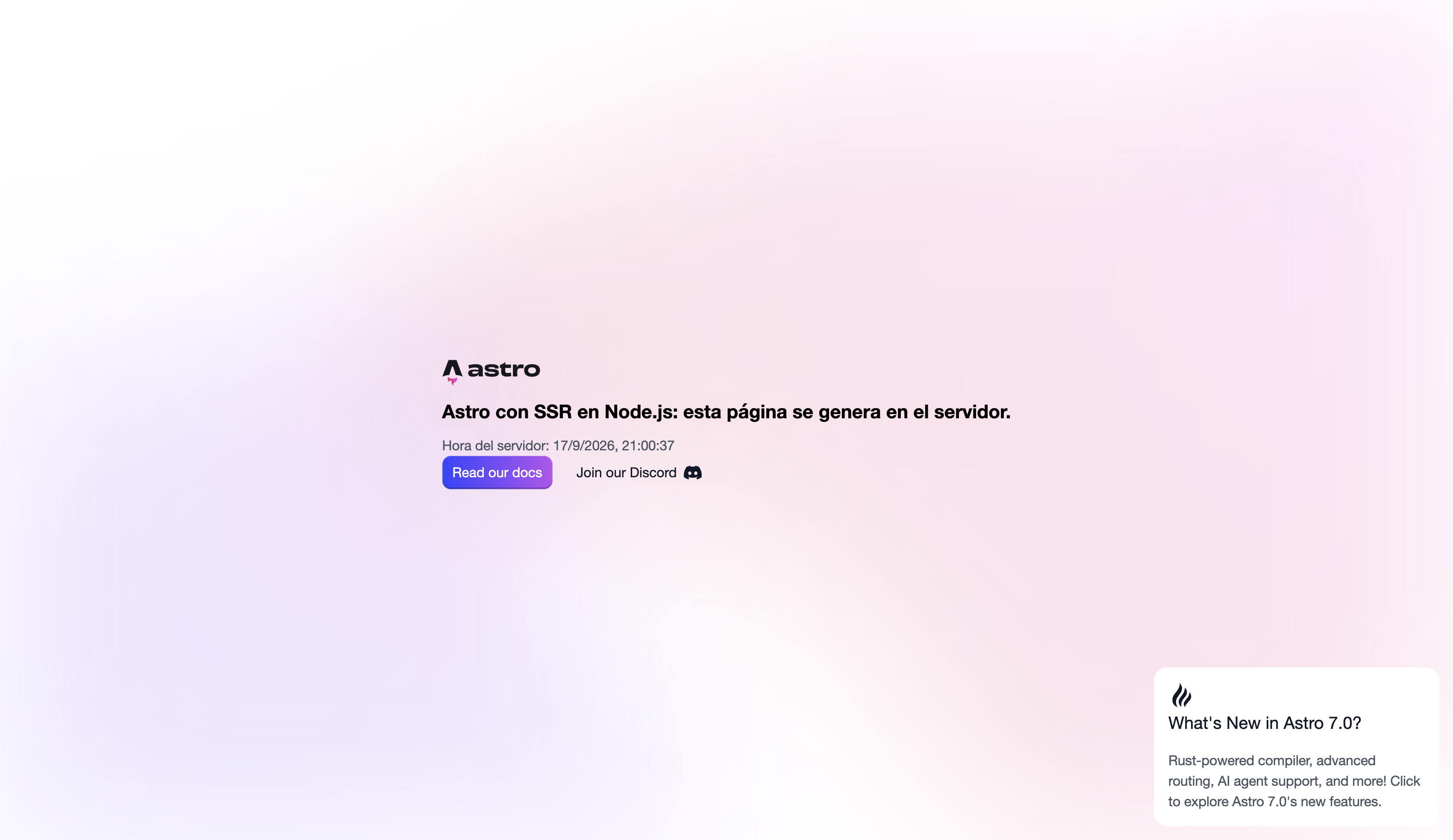Web Astro con SSR publicada, con la hora del servidor pintada en la página