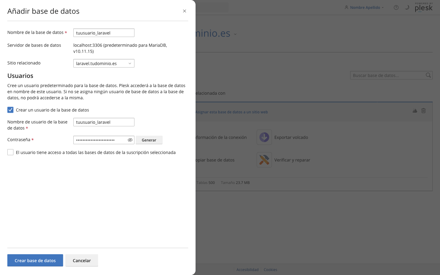 Formulario Añadir base de datos con el nombre tuusuario_laravel, servidor localhost:3306 MariaDB, sitio relacionado laravel.tudominio.es y el usuario tuusuario_laravel con contraseña generada