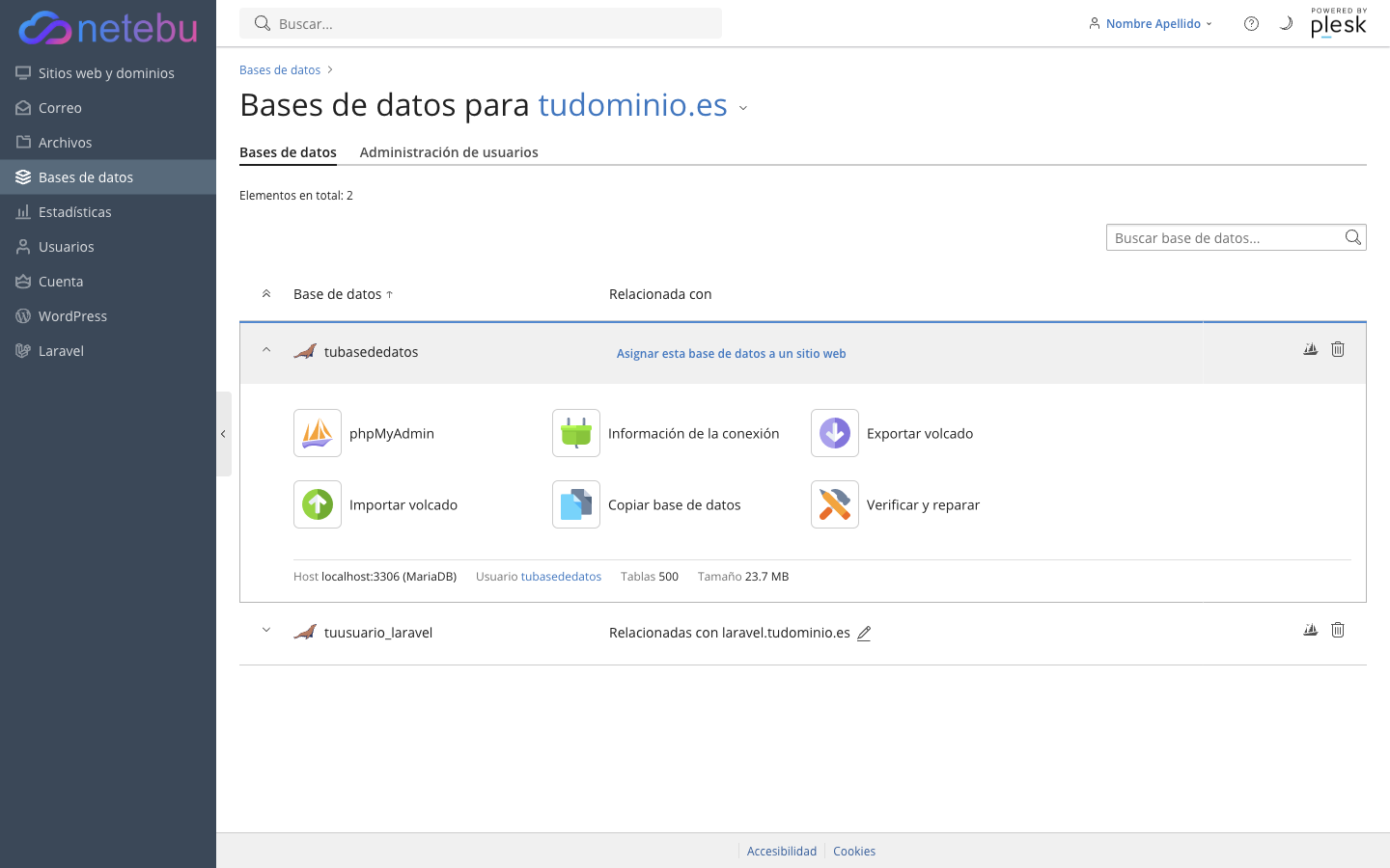 Lista de Bases de datos para tudominio.es con la fila tuusuario_laravel, relacionada con laravel.tudominio.es