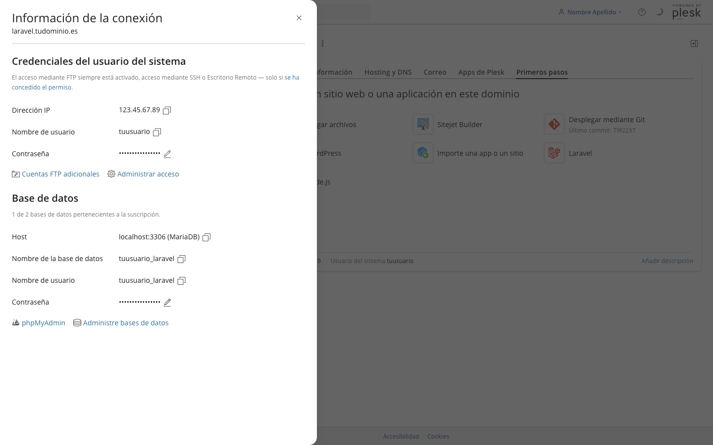 Cuadro Información de la conexión con las credenciales del usuario del sistema (IP, usuario, contraseña) y los datos de la base de datos (host, nombre, usuario, contraseña)