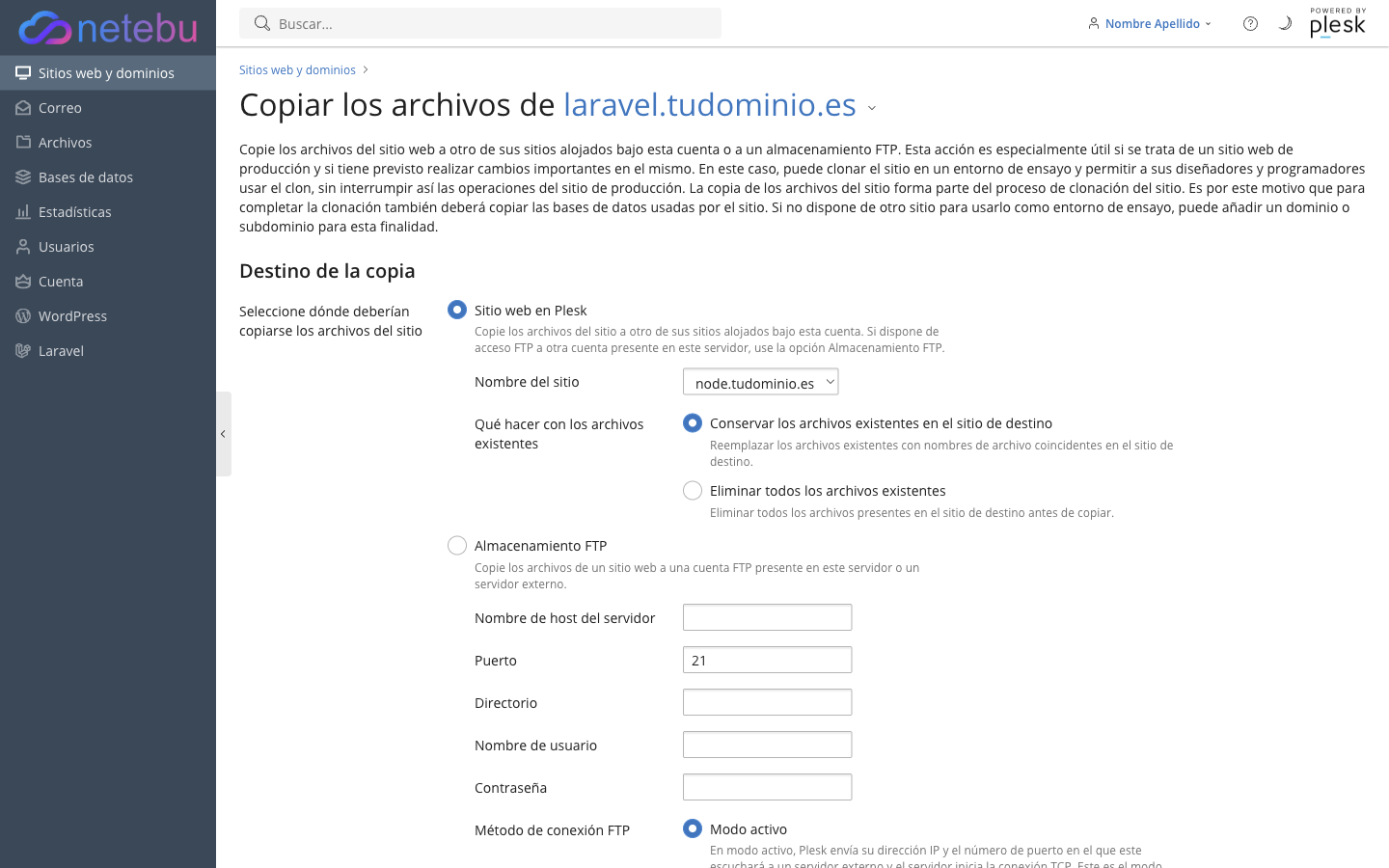 Formulario Copiar los archivos de tu dominio, con el destino de la copia (sitio web en Plesk o almacenamiento FTP) y qué hacer con los archivos existentes en el destino