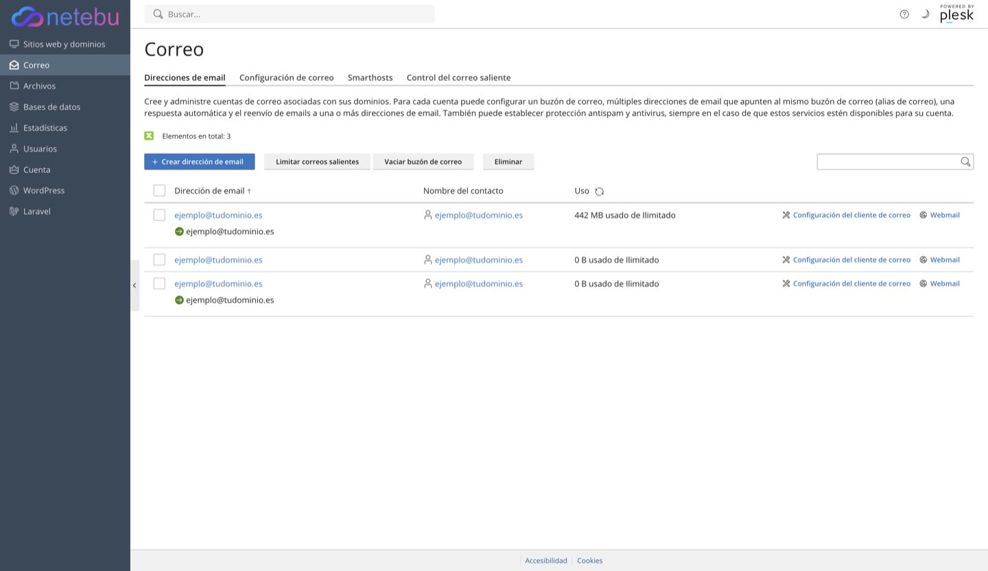 Lista de direcciones de email del dominio en el panel de Plesk