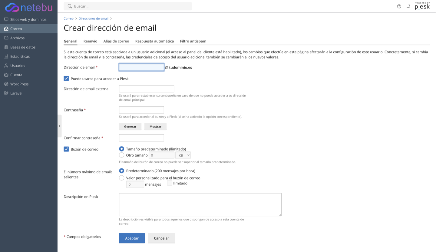 Formulario para crear una dirección de email en Plesk, con el tamaño del buzón y el límite de envíos