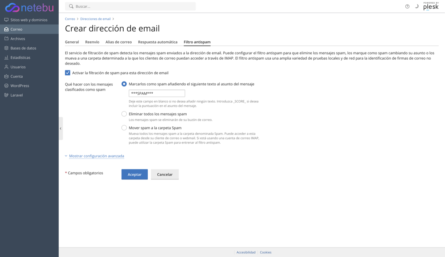 Pestaña del filtro antispam de una cuenta de correo en Plesk