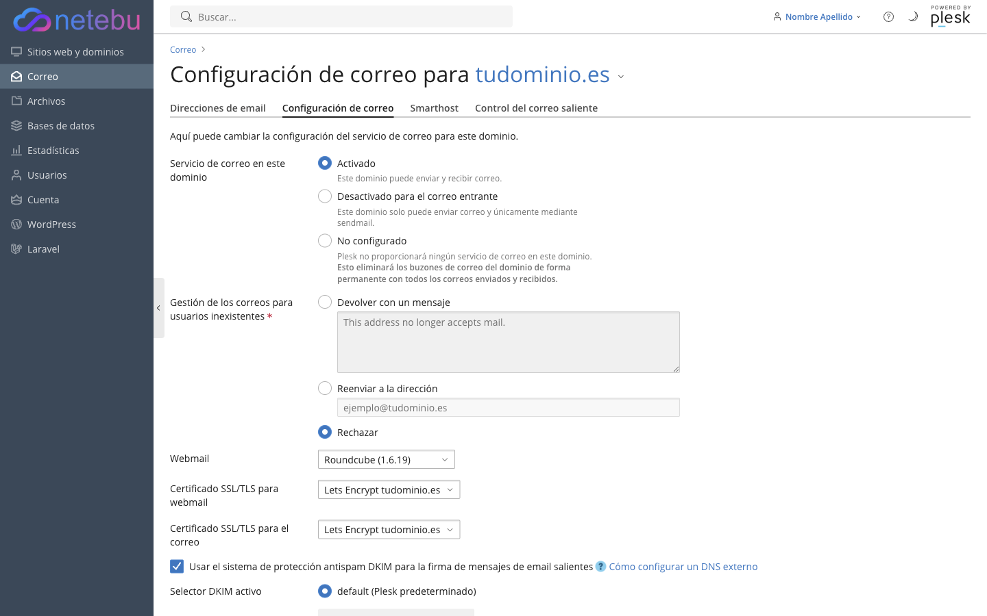 Pestaña Configuración de correo de un dominio en el panel Plesk, con el certificado SSL/TLS para el correo y el webmail Roundcube