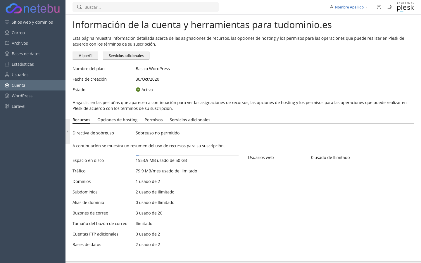 Pestaña Recursos de Cuenta, con el espacio en disco usado frente al total de la suscripción