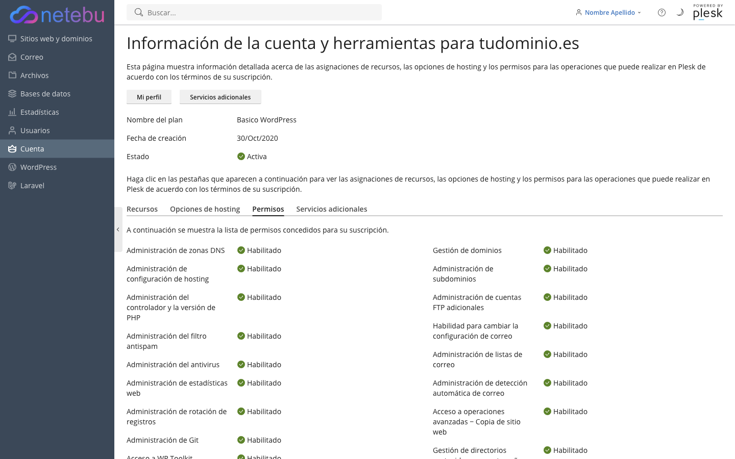 Pestaña Permisos de Cuenta, con la lista de operaciones habilitadas para la suscripción: DNS, hosting, PHP, antispam, antivirus, Git, WP Toolkit, dominios y correo