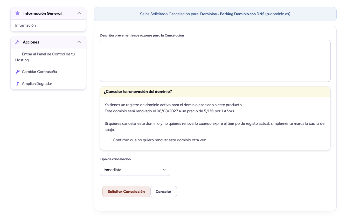 Formulario Solicitar Cancelación de Cuenta con el campo de razones, la casilla para no renovar el dominio asociado y el desplegable Tipo de cancelación