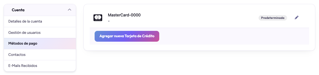 Pantalla Métodos de pago del área de cliente, con una tarjeta guardada marcada como Predeterminada y el botón Agregar nueva Tarjeta de Crédito