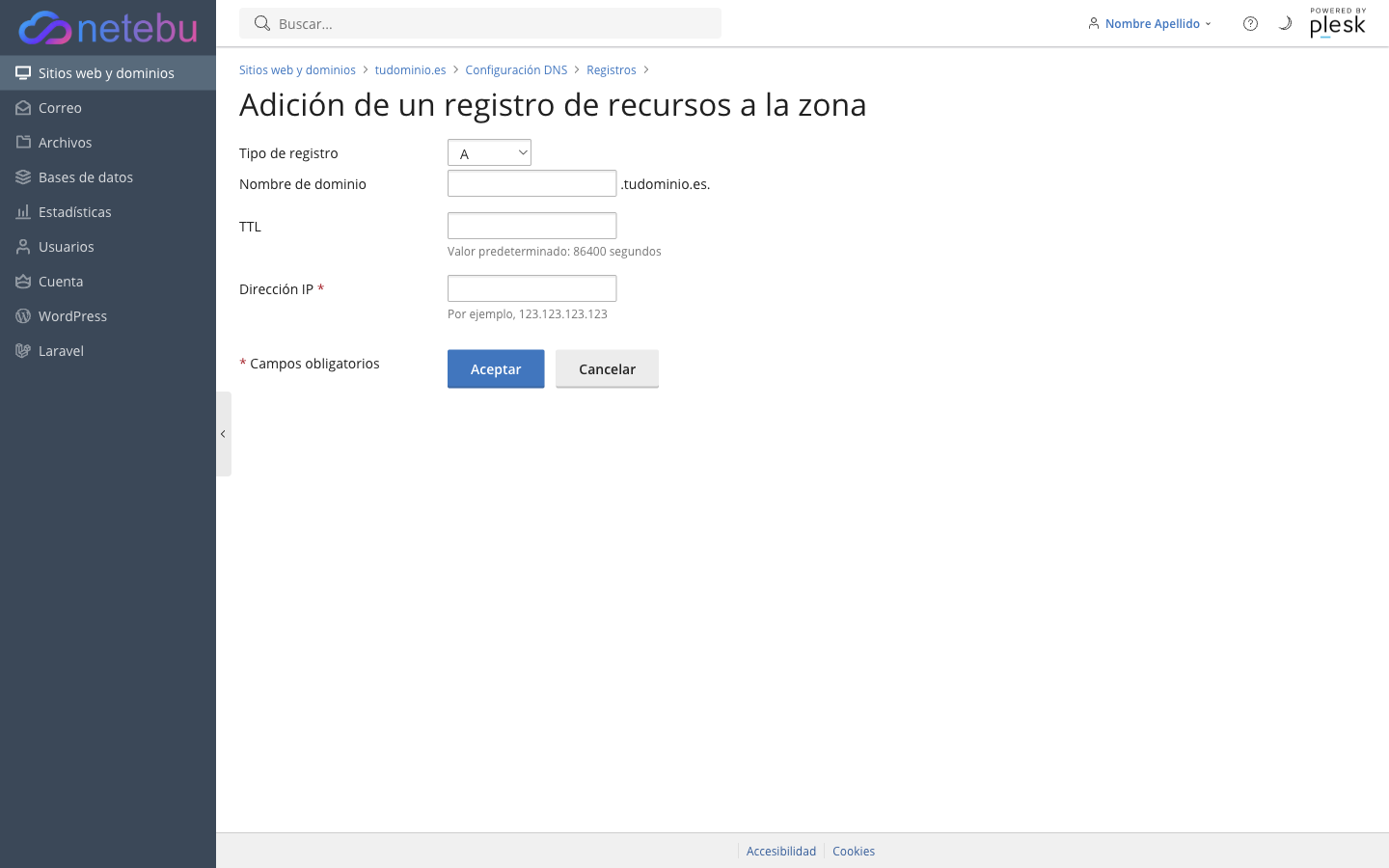 Formulario Adición de un registro de recursos a la zona, con los campos Tipo de registro, Nombre de dominio, TTL y Dirección IP