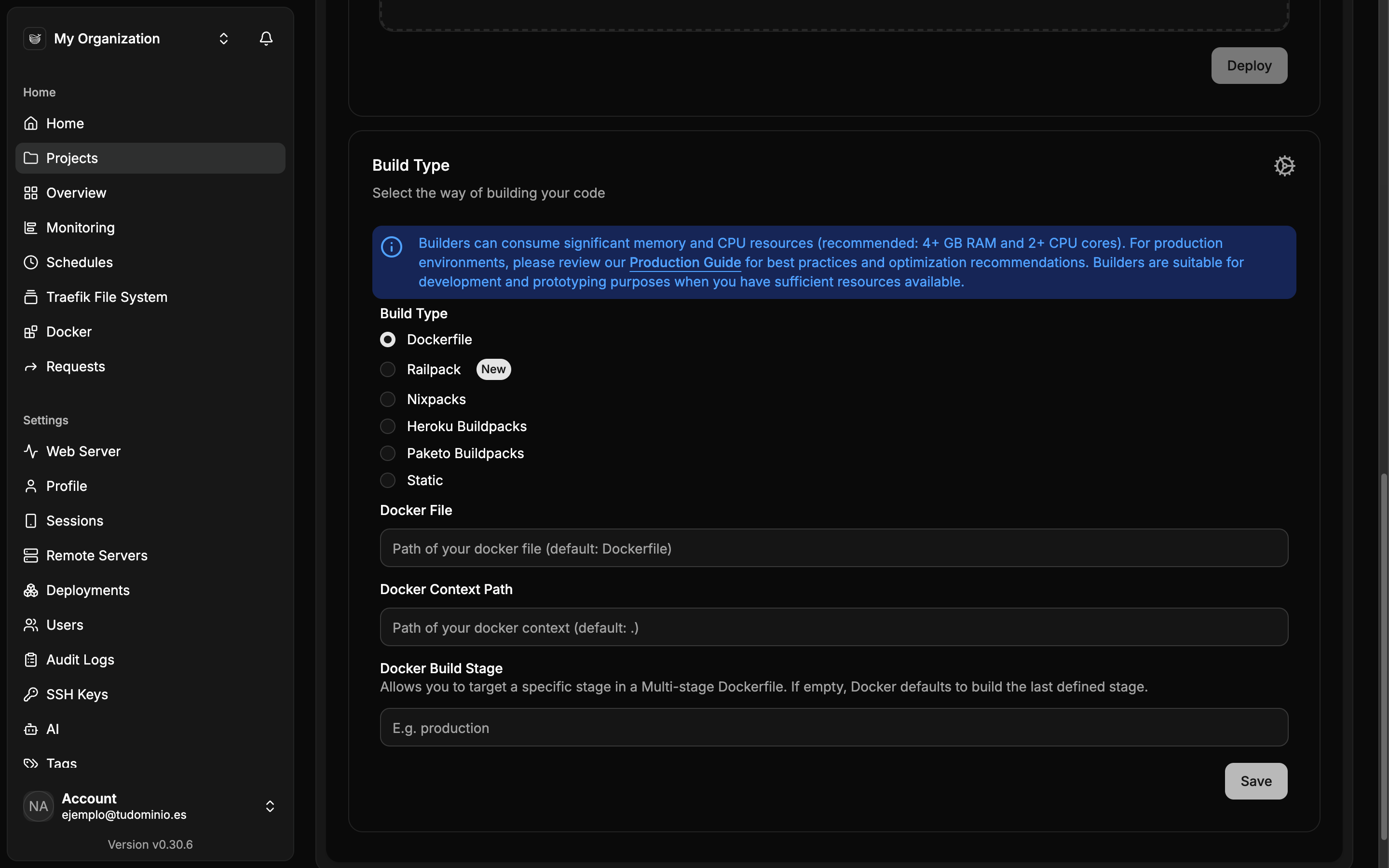 Bloque Build Type con Dockerfile seleccionado y los campos Docker File, Docker Context Path y Docker Build Stage vacíos