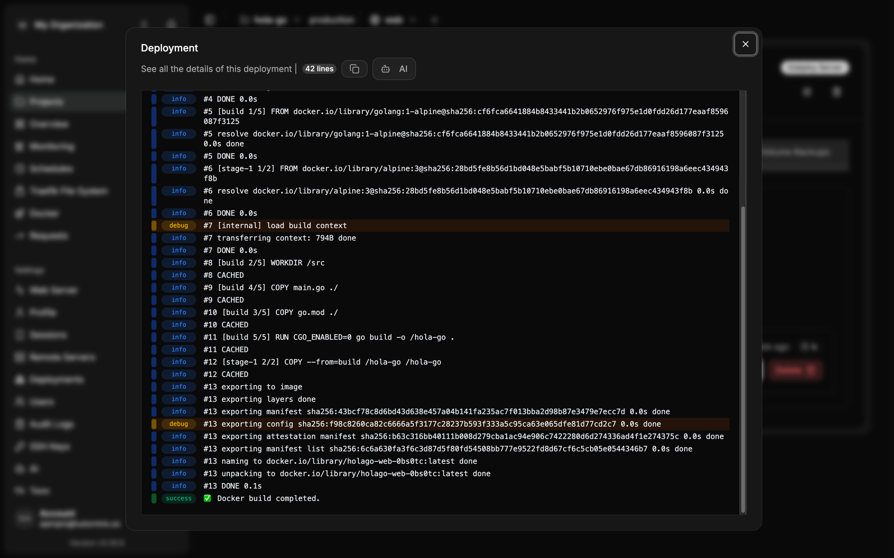 Diálogo Deployment con el registro del despliegue: carga del Dockerfile, descarga de golang:1-alpine y alpine:3 y construcción de la imagen