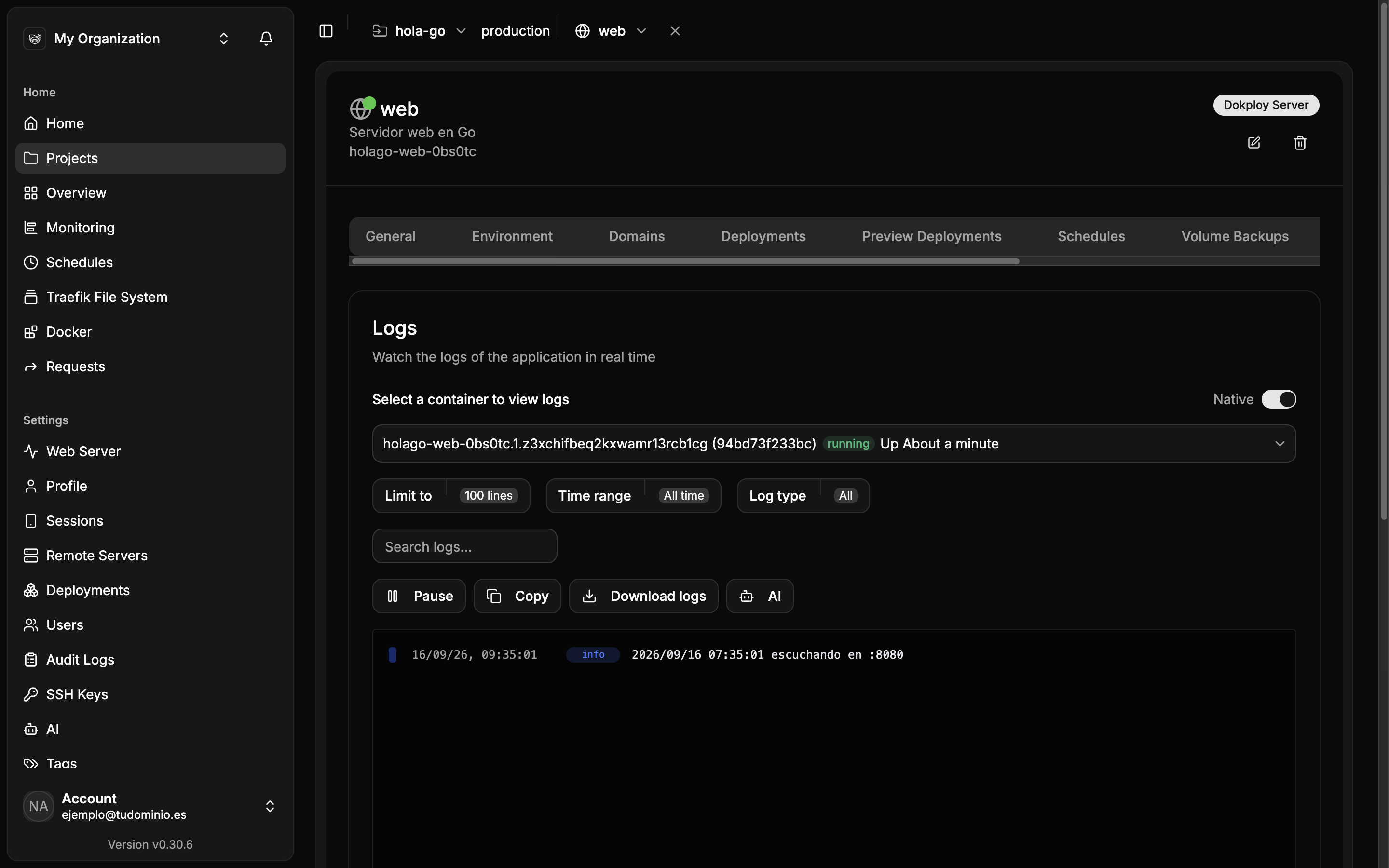 Pestaña Logs de la aplicación con el contenedor en ejecución seleccionado y la salida en tiempo real