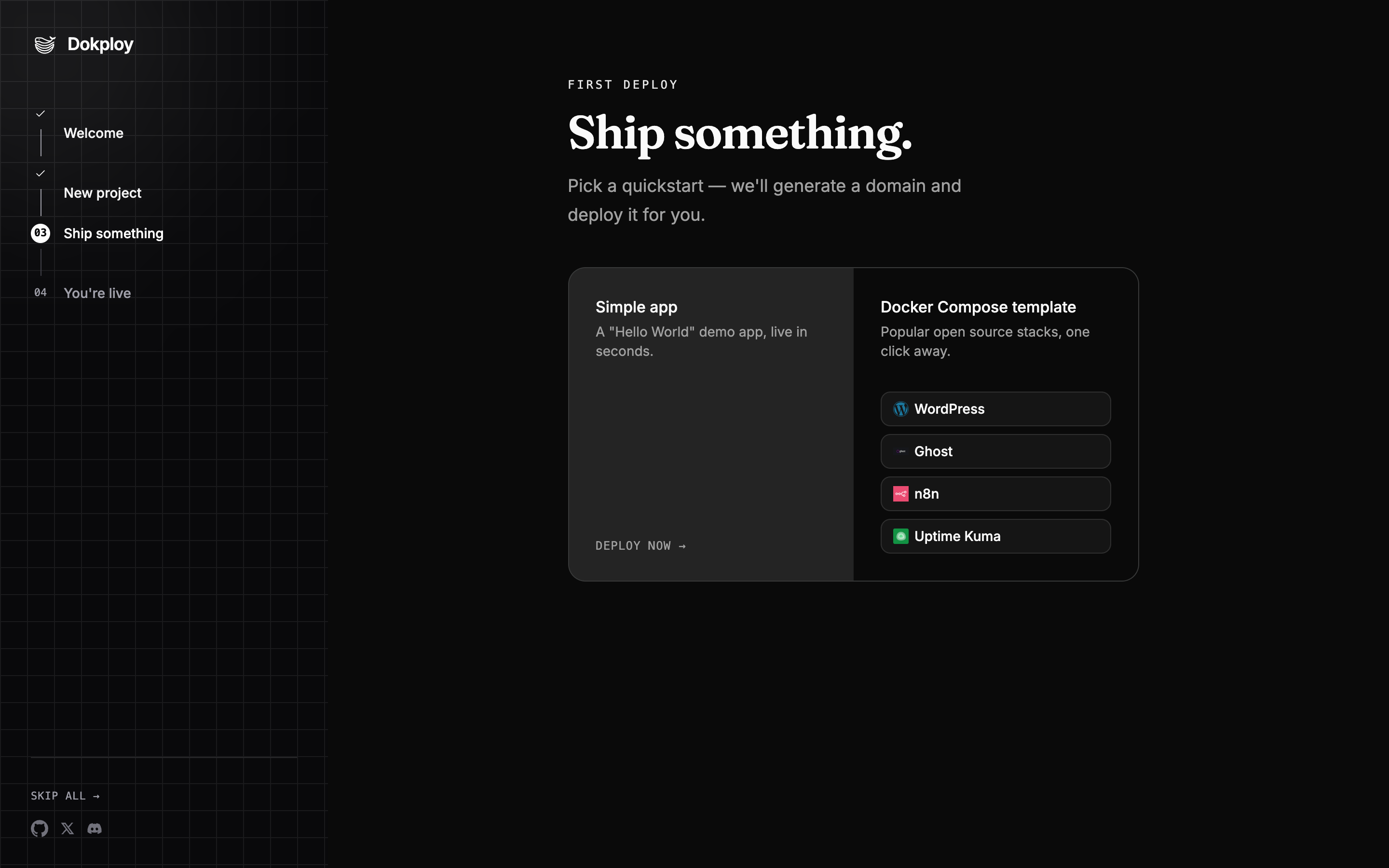 Pantalla Ship something del asistente con la tarjeta Simple app y las plantillas WordPress, Ghost, n8n y Uptime Kuma