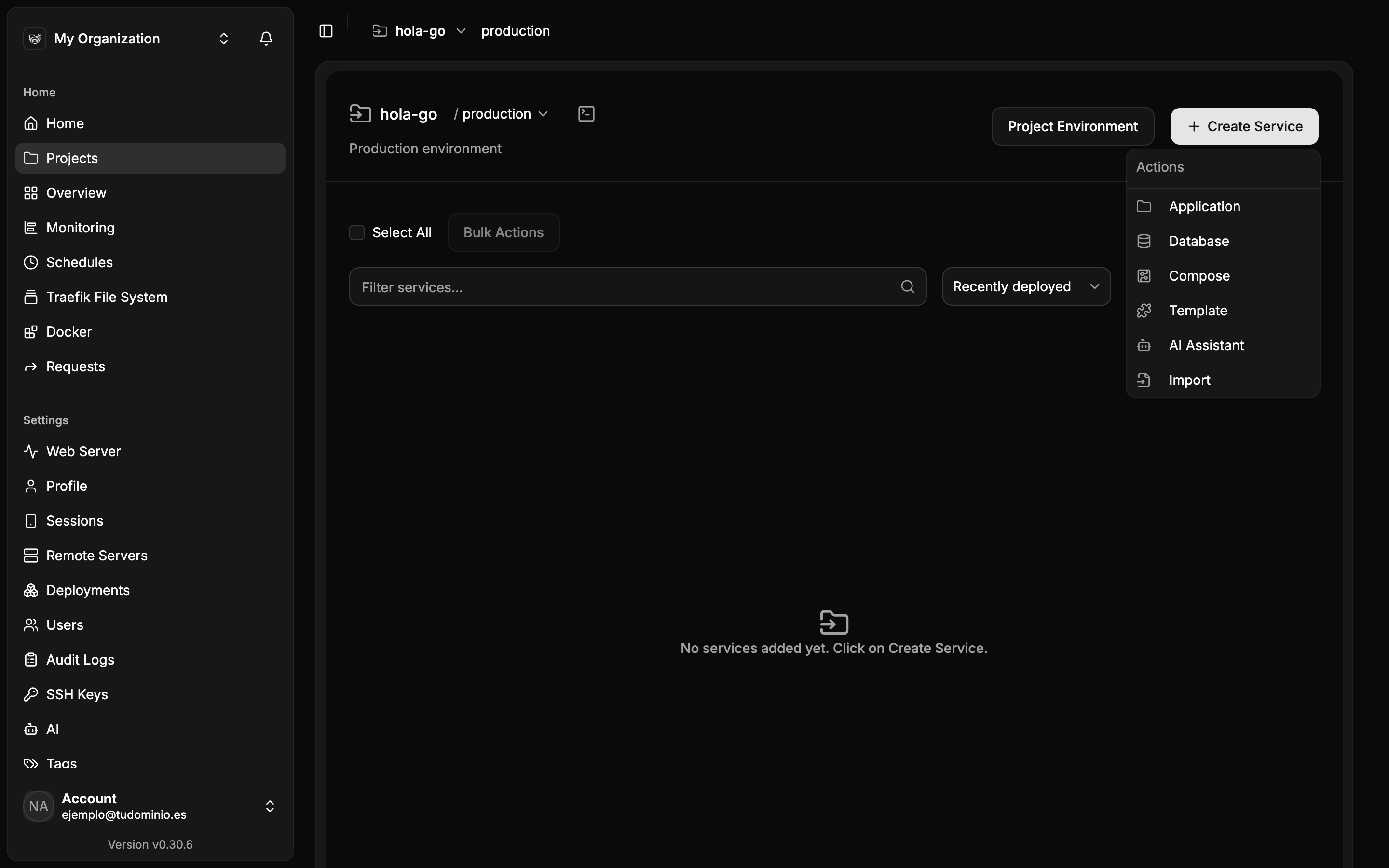 Menú Create Service desplegado con las opciones Application, Database, Compose, Template, AI Assistant e Import
