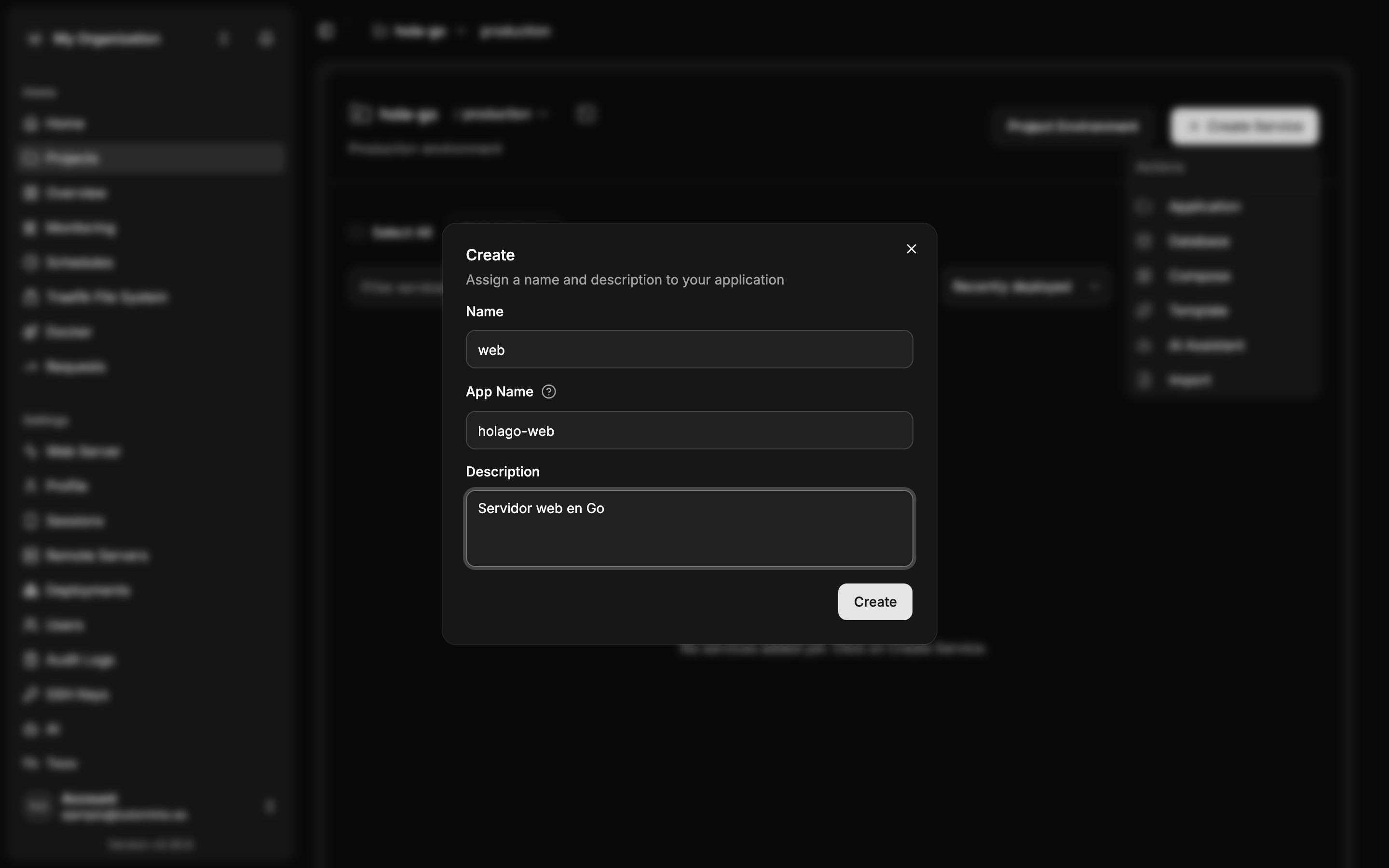 Diálogo Create de Dokploy con Name web, App Name generado automáticamente y descripción Servidor web en Go