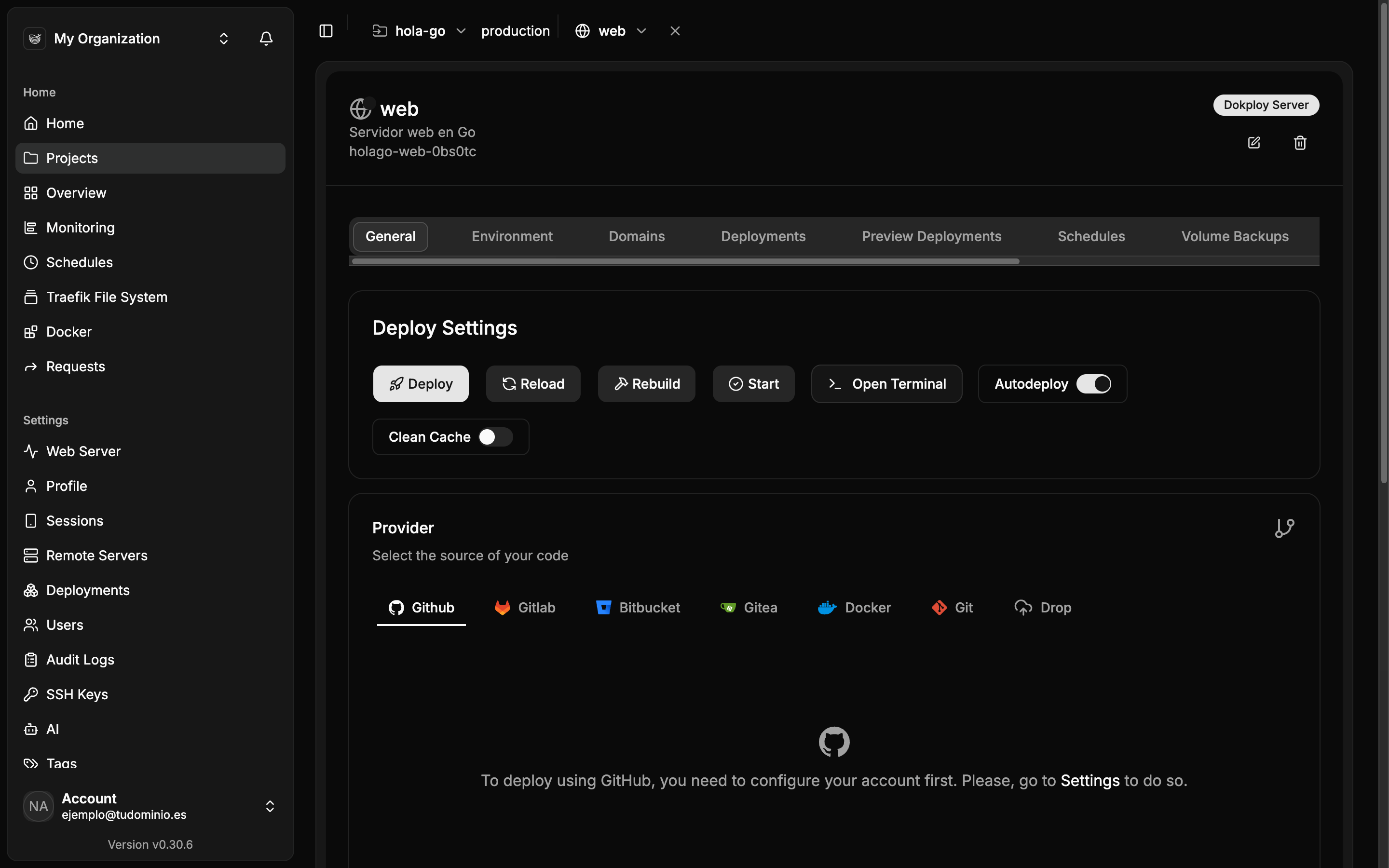 Pestaña General de la aplicación con el bloque Provider y las pestañas Github, Gitlab, Bitbucket, Gitea, Docker, Git y Drop, y debajo el bloque Build Type