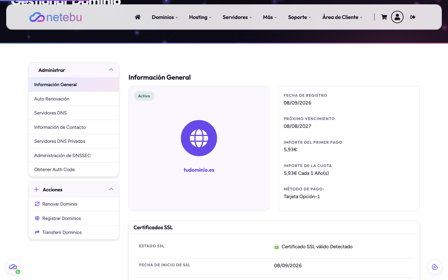 Ficha de un dominio con el menú Administrar, donde aparecen Información General, Servidores DNS, Información de Contacto y Obtener Auth Code