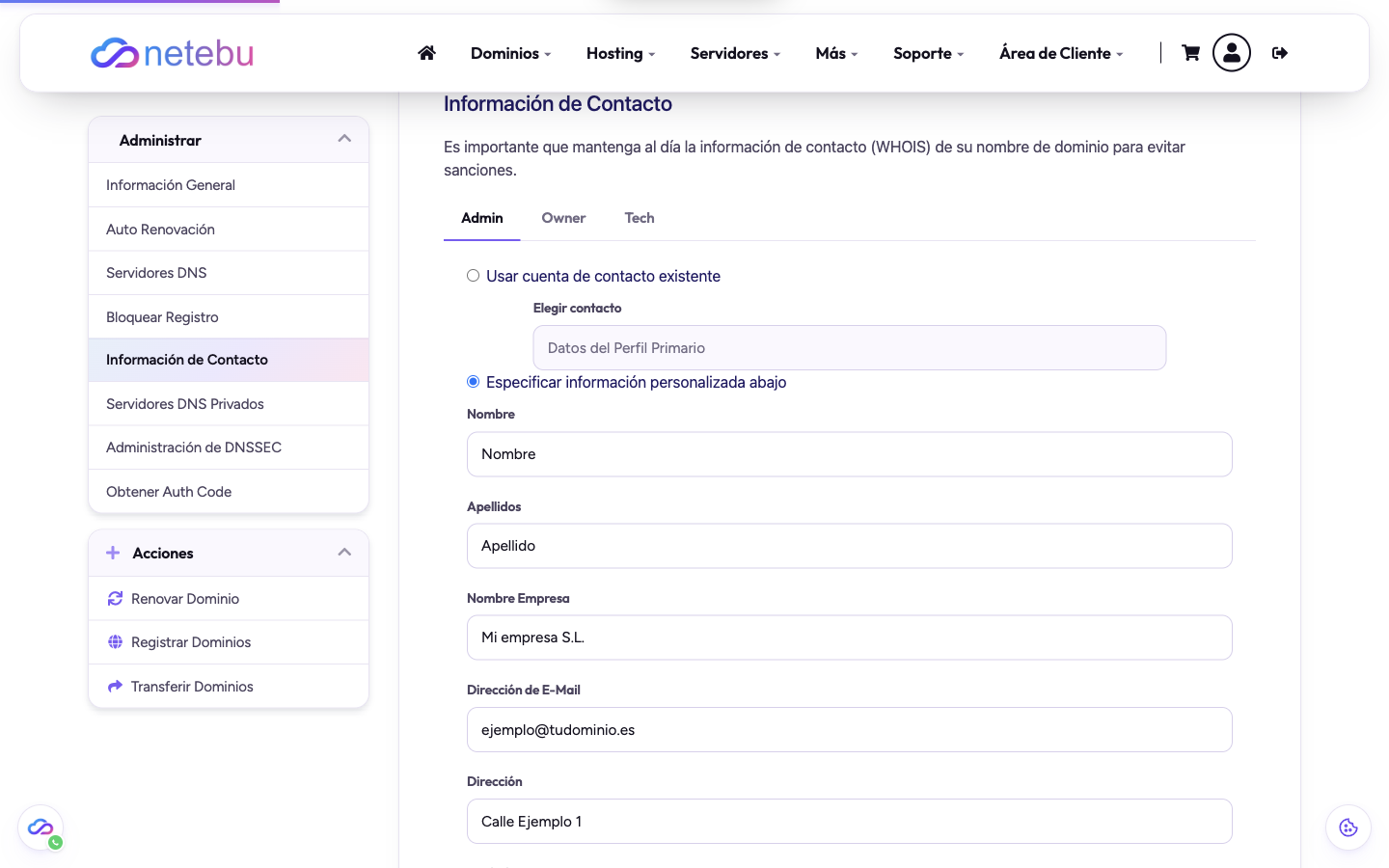 Pantalla Información de Contacto de un dominio, con las pestañas Admin, Owner y Tech, y las opciones Usar cuenta de contacto existente o Especificar información personalizada abajo