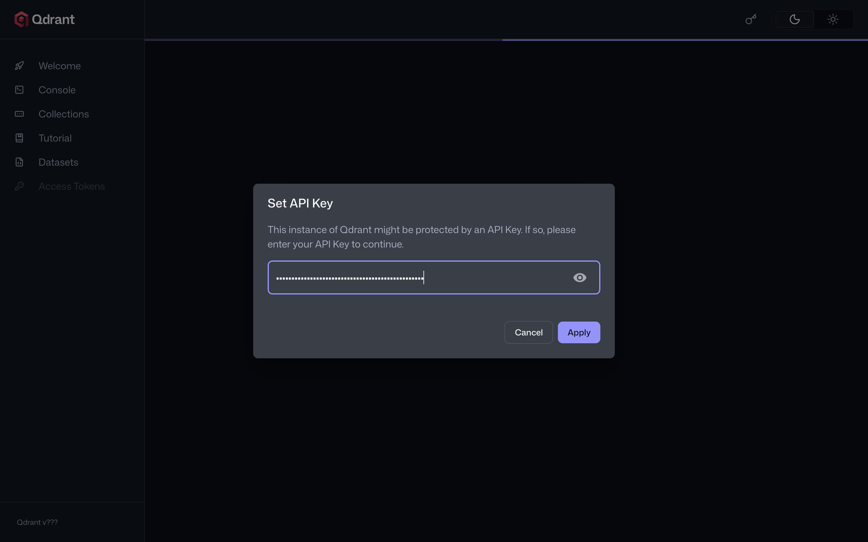 Panel web de Qdrant con el diálogo Set API Key y la clave introducida