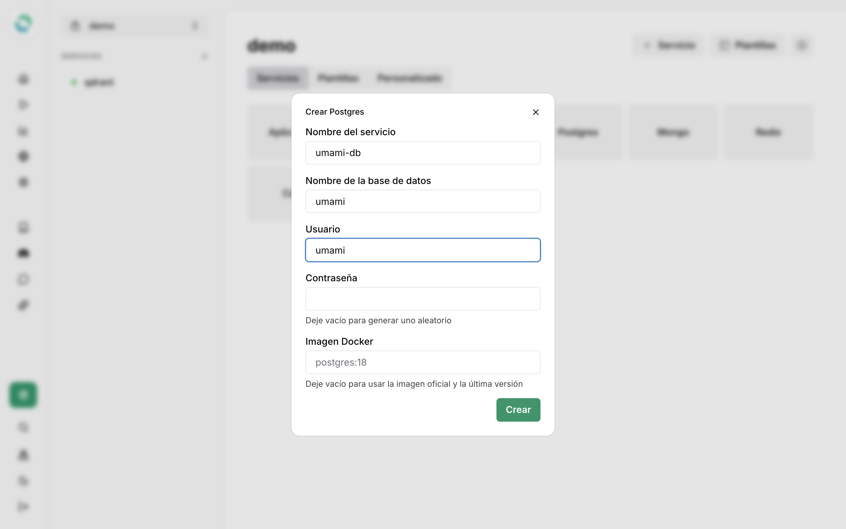 Diálogo Crear Postgres con el servicio umami-db, la base de datos umami, el usuario umami y la contraseña vacía para generarla