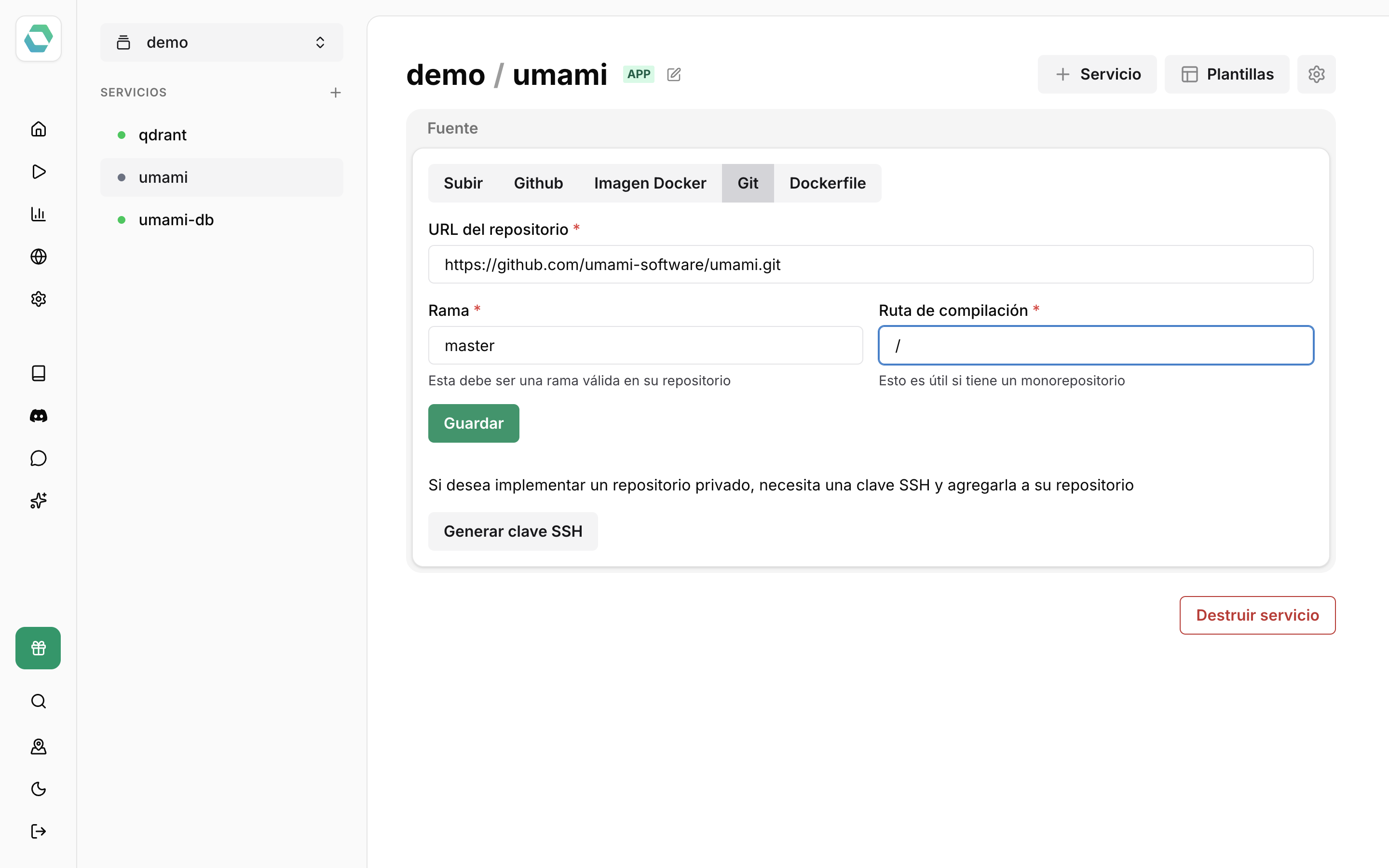Pestaña Fuente de la aplicación umami con la opción Git, la URL del repositorio de Umami, la rama master y la ruta /