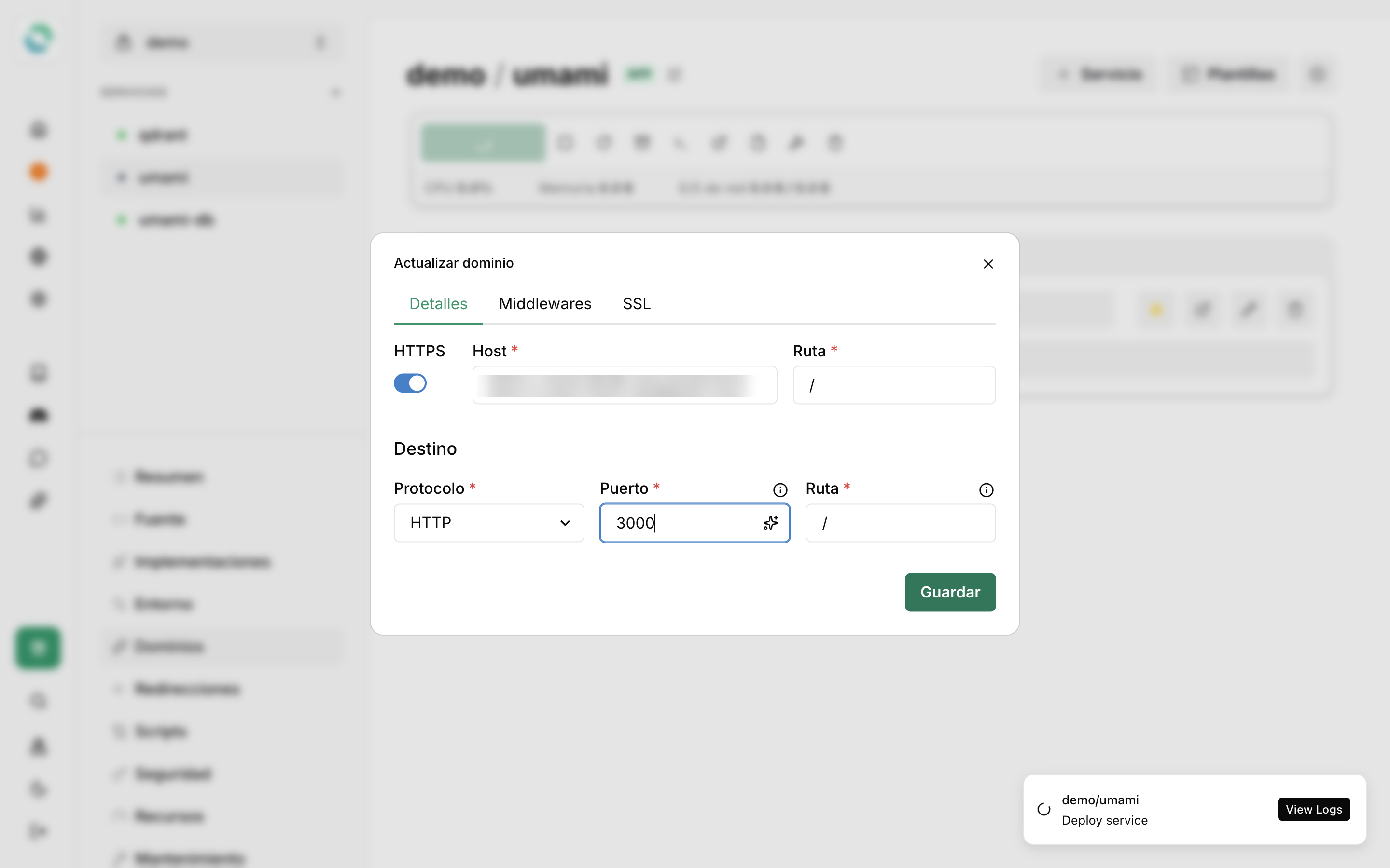 Diálogo Actualizar dominio con HTTPS activado, el host difuminado y el destino HTTP al puerto 3000