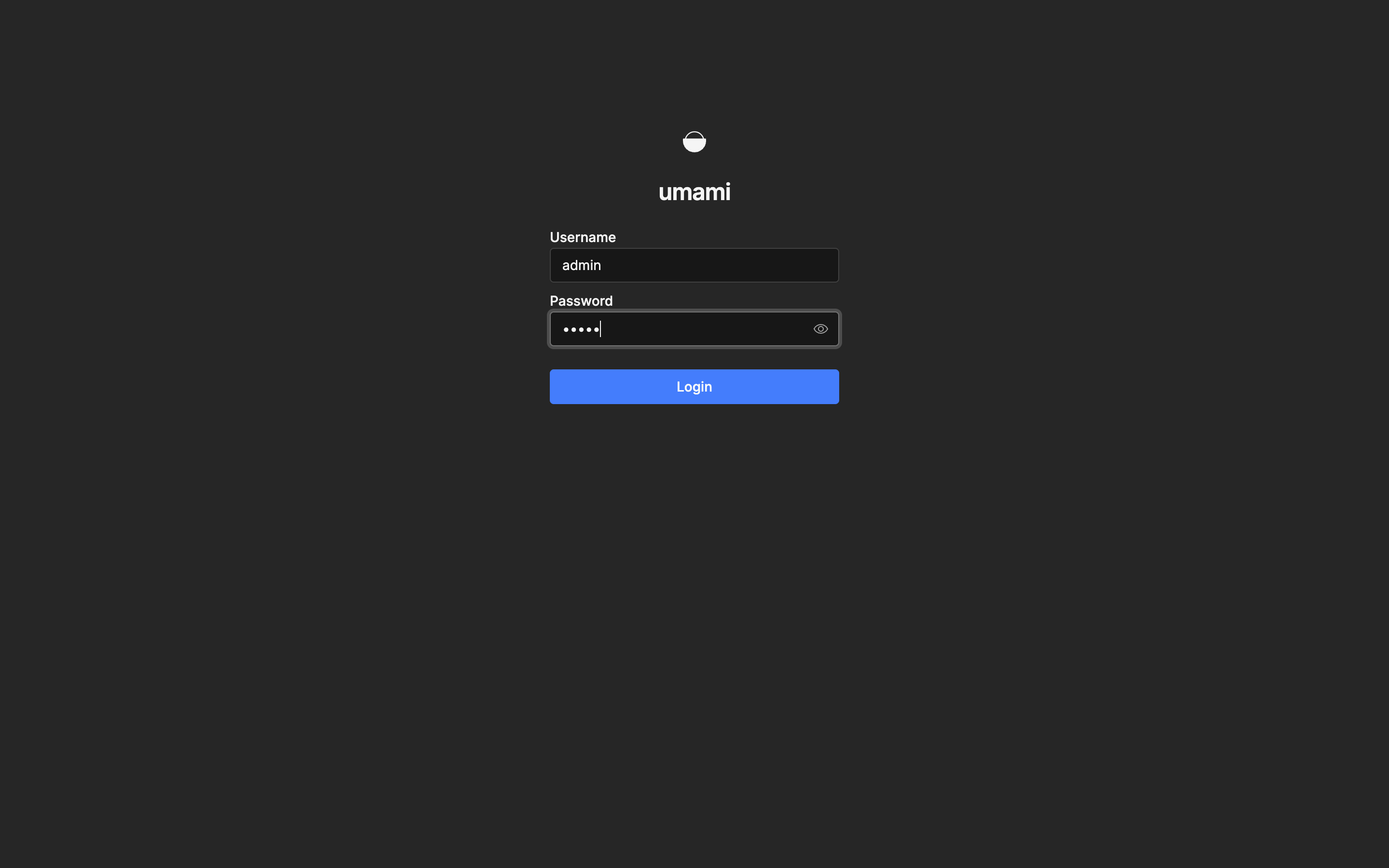 Pantalla de inicio de sesión de Umami con el usuario admin