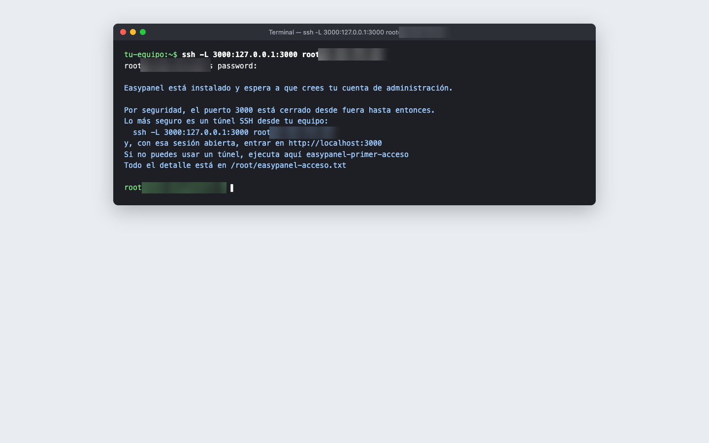 Recreación de una terminal con el texto real del mensaje de bienvenida del VPS: Easypanel espera a que crees tu cuenta, el puerto 3000 está cerrado desde fuera y se recomienda el túnel SSH (IP difuminada)
