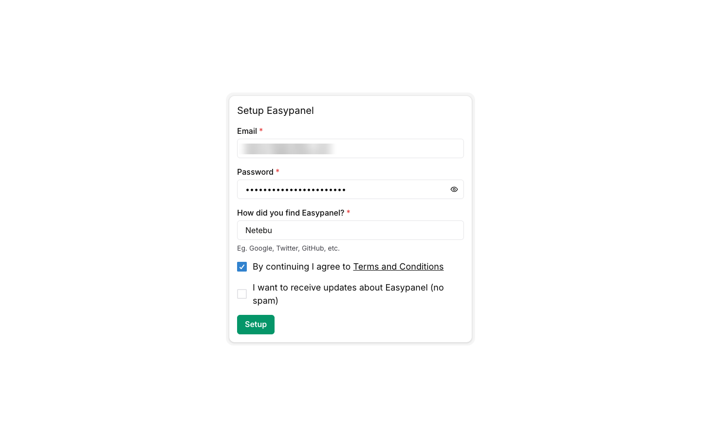 Formulario Setup Easypanel con los campos Email (difuminado), Password y How did you find Easypanel, la casilla de condiciones marcada y el botón Setup