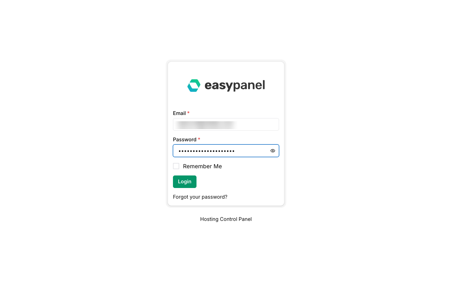 Pantalla de inicio de sesión de Easypanel con los campos Email (difuminado) y Password y el botón Login