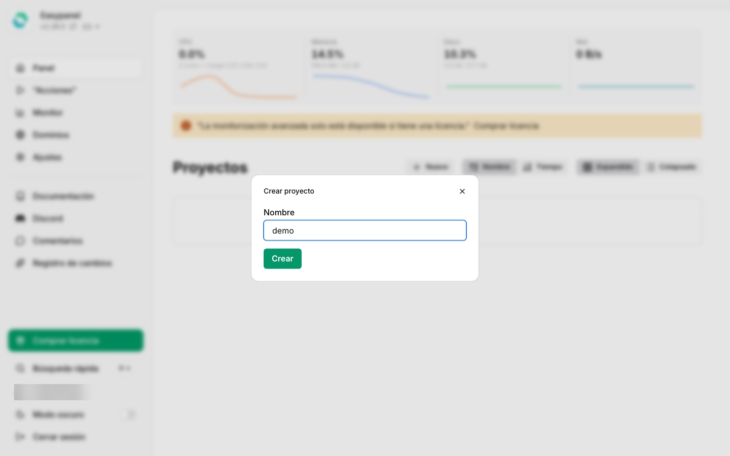 Diálogo Crear proyecto de Easypanel con el nombre demo y el botón Crear