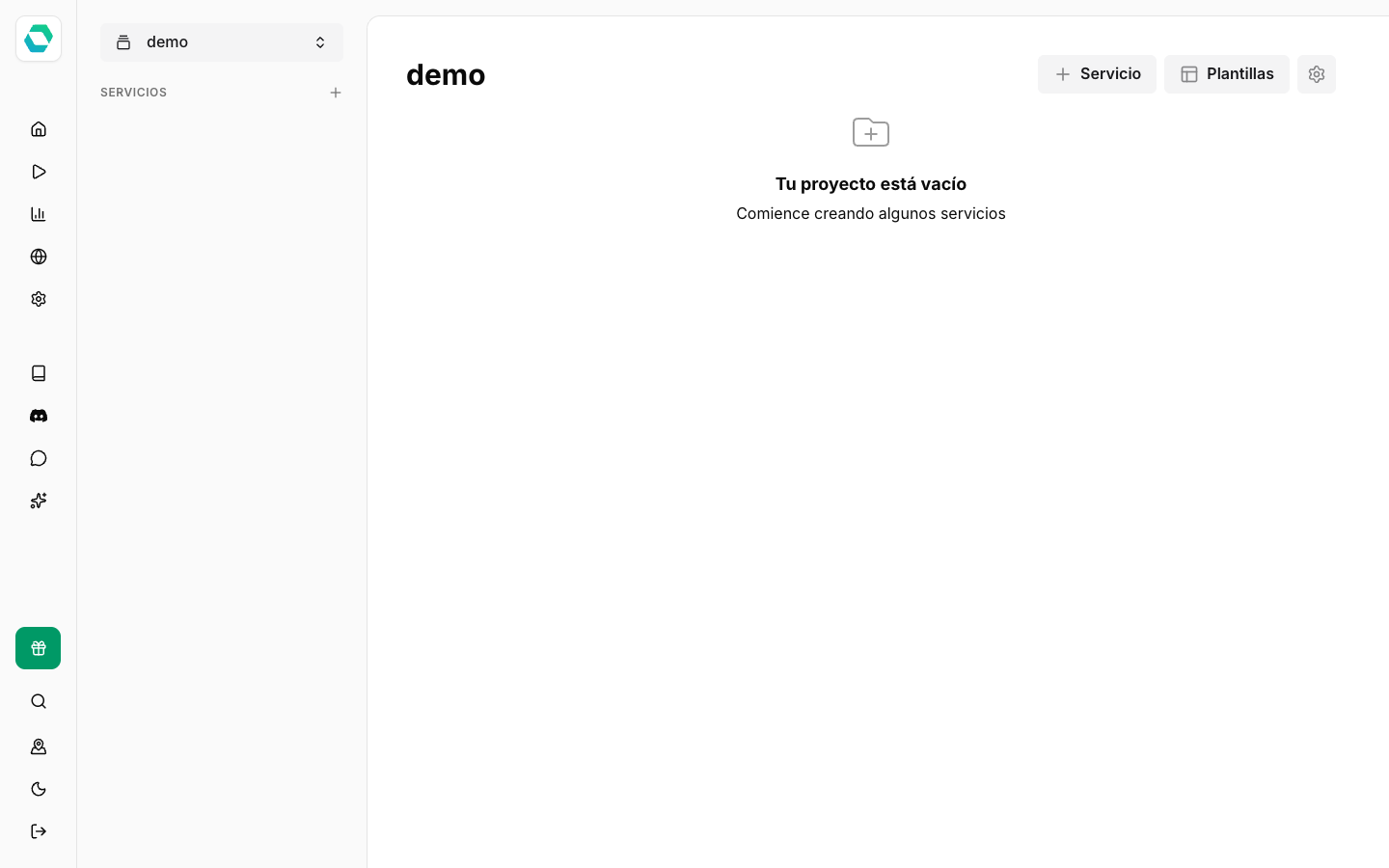 Proyecto demo vacío en Easypanel con los botones Servicio y Plantillas