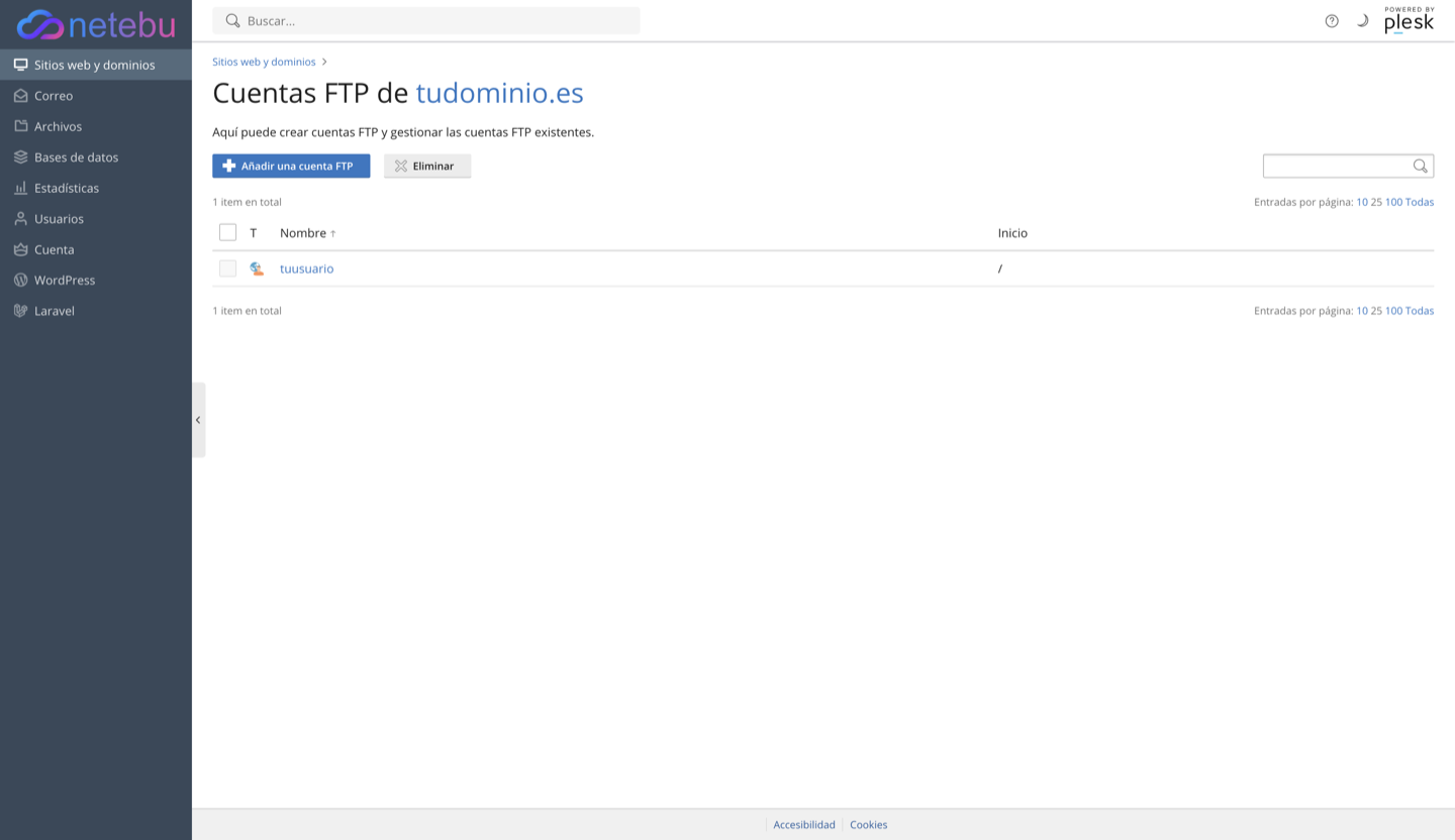 Lista de cuentas FTP del dominio en el panel de Plesk