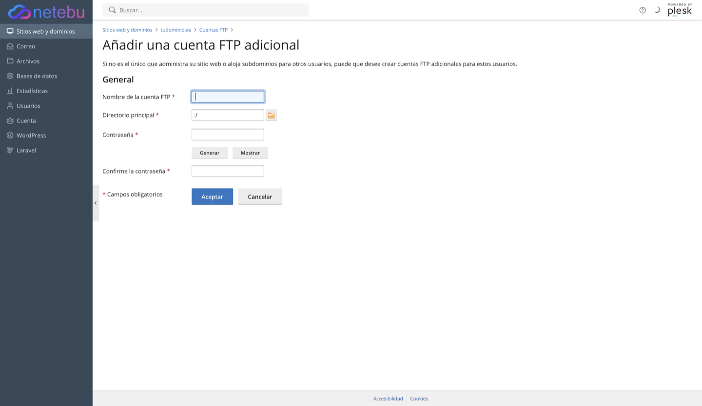 Formulario para añadir una cuenta FTP con nombre, directorio principal y contraseña