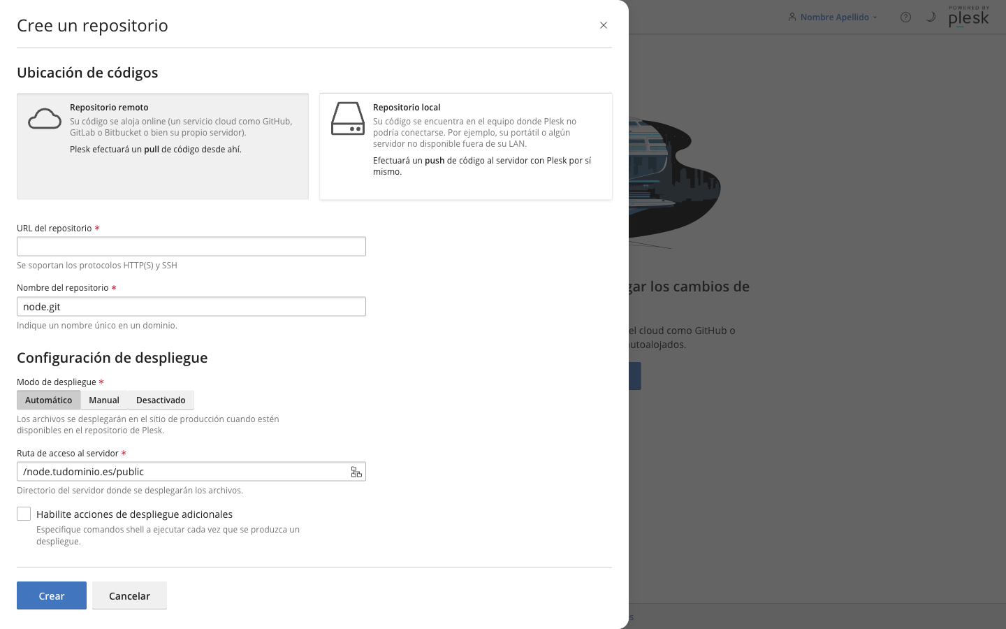 Diálogo Cree un repositorio con las dos opciones: Repositorio remoto (Plesk hace un pull) y Repositorio local (tú haces un push)