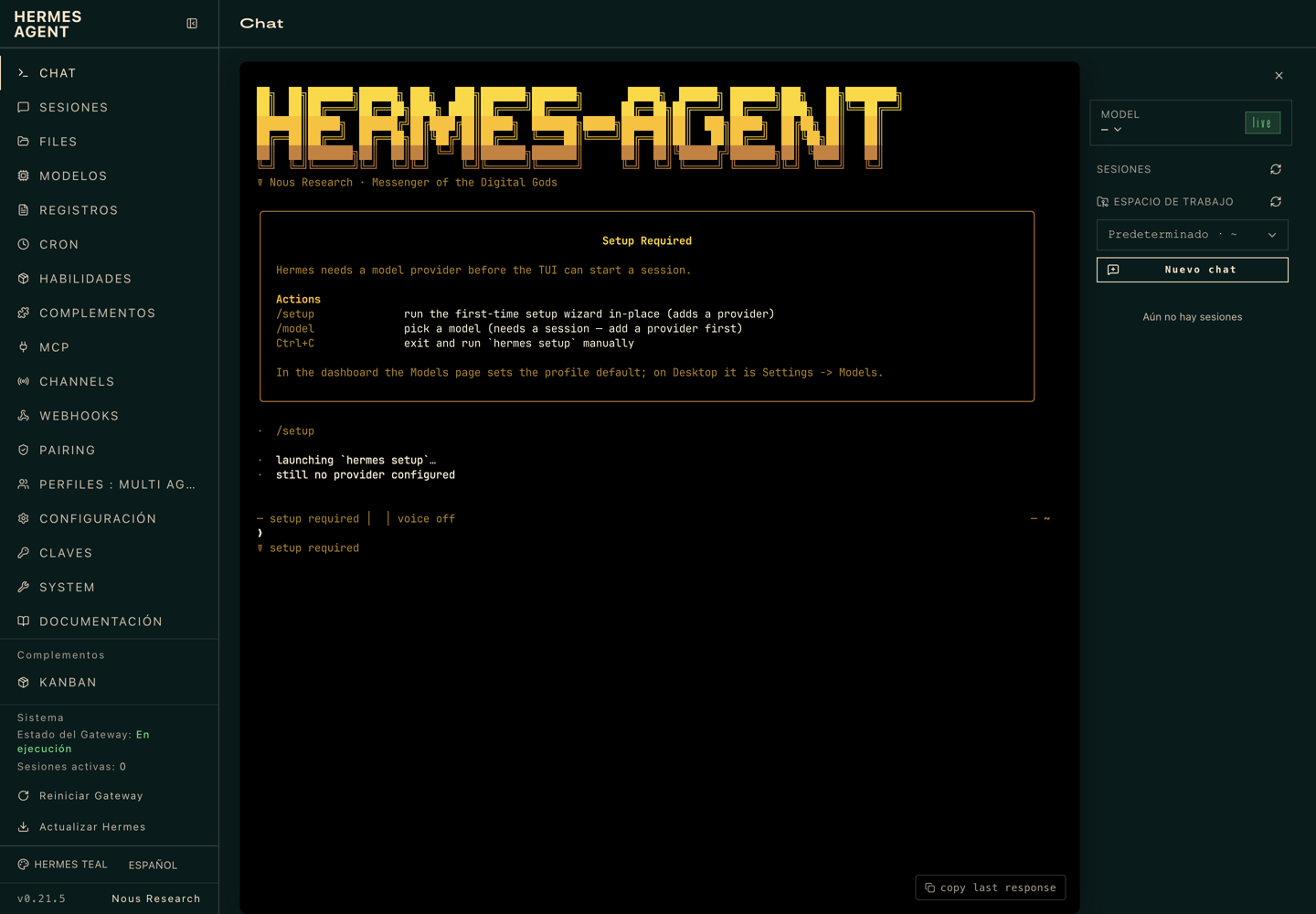 Terminal del chat de Hermes con el aviso Setup Required y las acciones /setup y /model