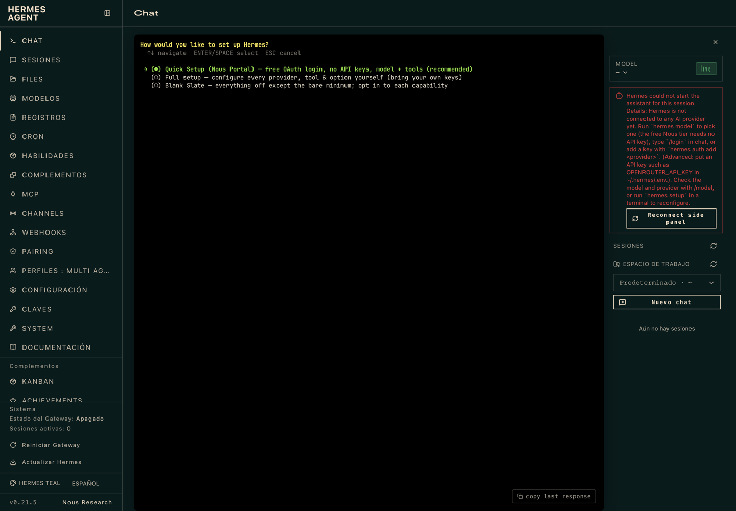 Asistente de Hermes con tres modos: Quick Setup, Full setup y Blank Slate