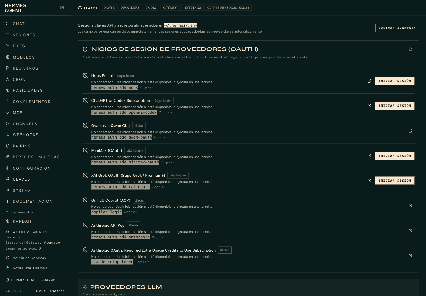 Sección Claves con los inicios de sesión OAuth de Nous Portal, ChatGPT o Codex, Qwen, MiniMax, xAI, GitHub Copilot y Anthropic, todos sin conectar